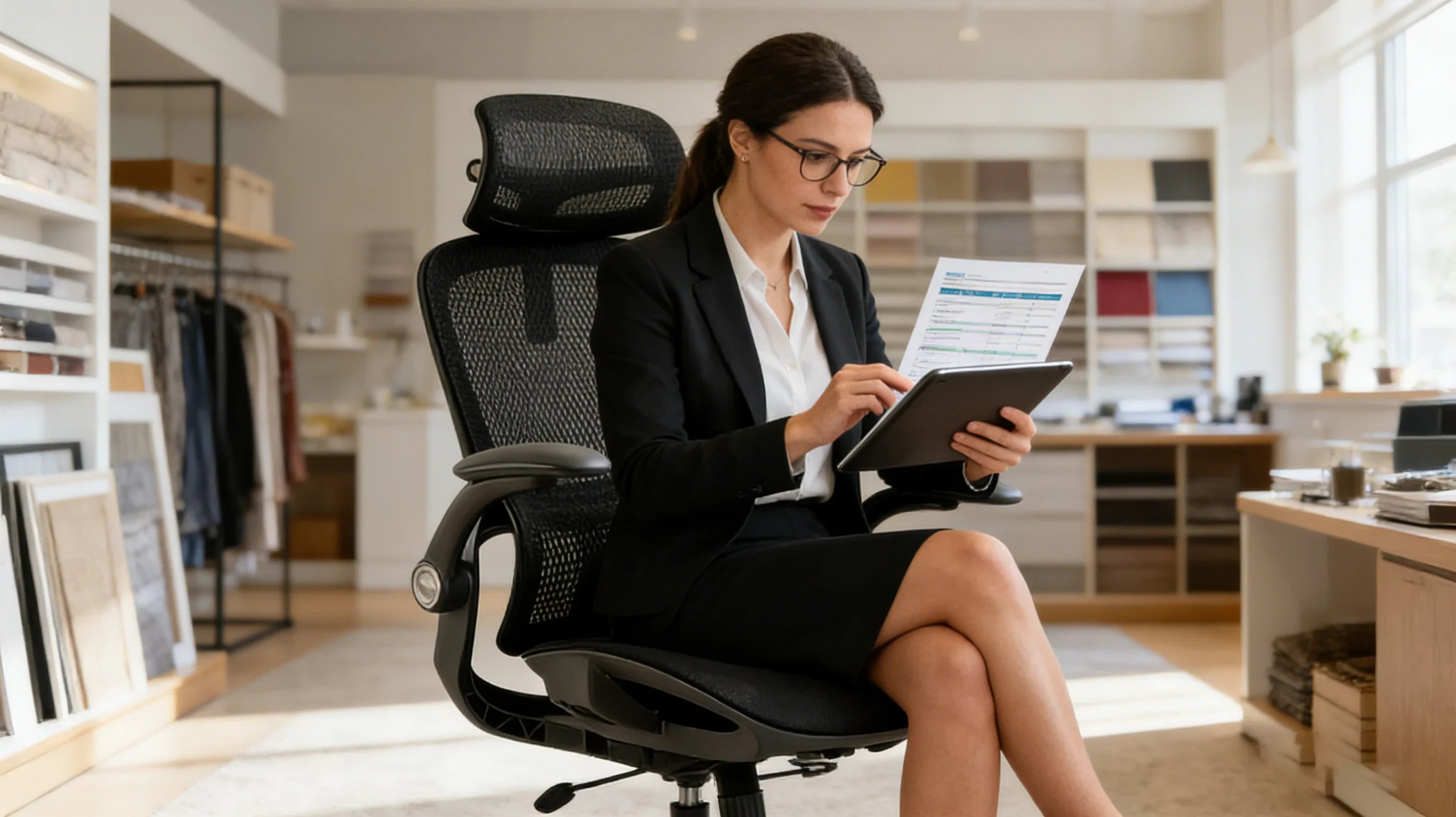 A professional facility manager checking the adjustment levers on a row of ergonomic office seating in a bright corporate office.