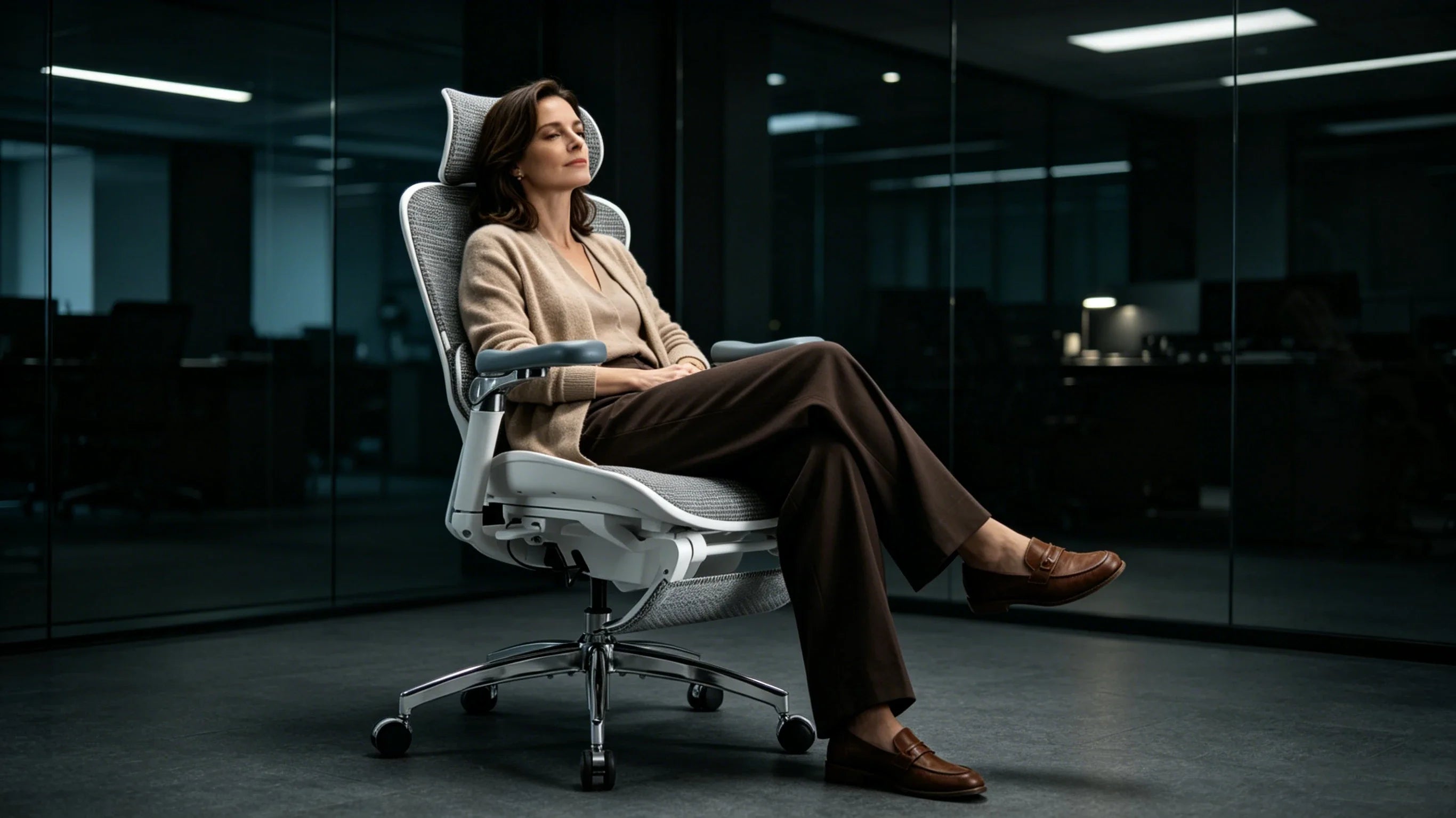 Full body view of a 42-year-old Caucasian female wellness consultant in a camel cardigan sitting in the [best chair for back pain office].