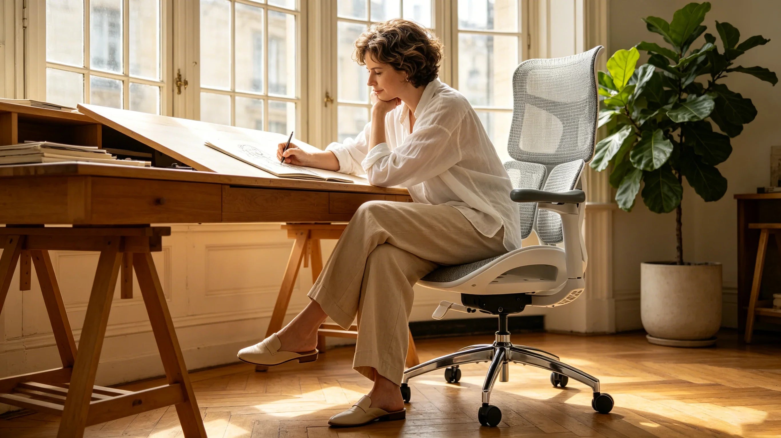 Full body shot of Aveline Vance sketching a textile layout while seated gracefully in the [highest rated ergonomic chair] at the ash wood desk.