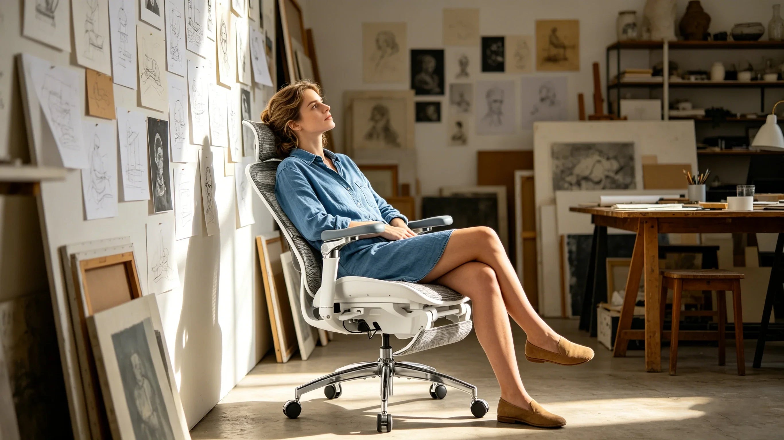 Full view of a 31-year-old female illustrator in a blue linen shirt sitting in the [mesh office chairs] in her bright art studio.