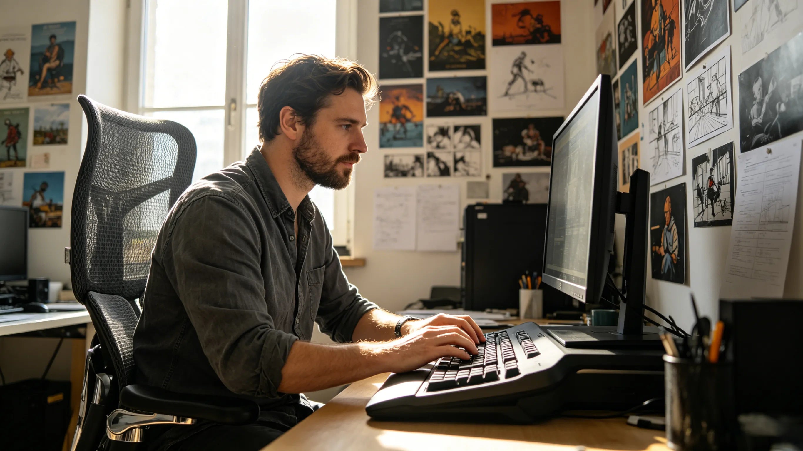 A male independent novelist holding a warm ceramic mug while sitting in a top rated ergonomic office chair during his early morning routine.