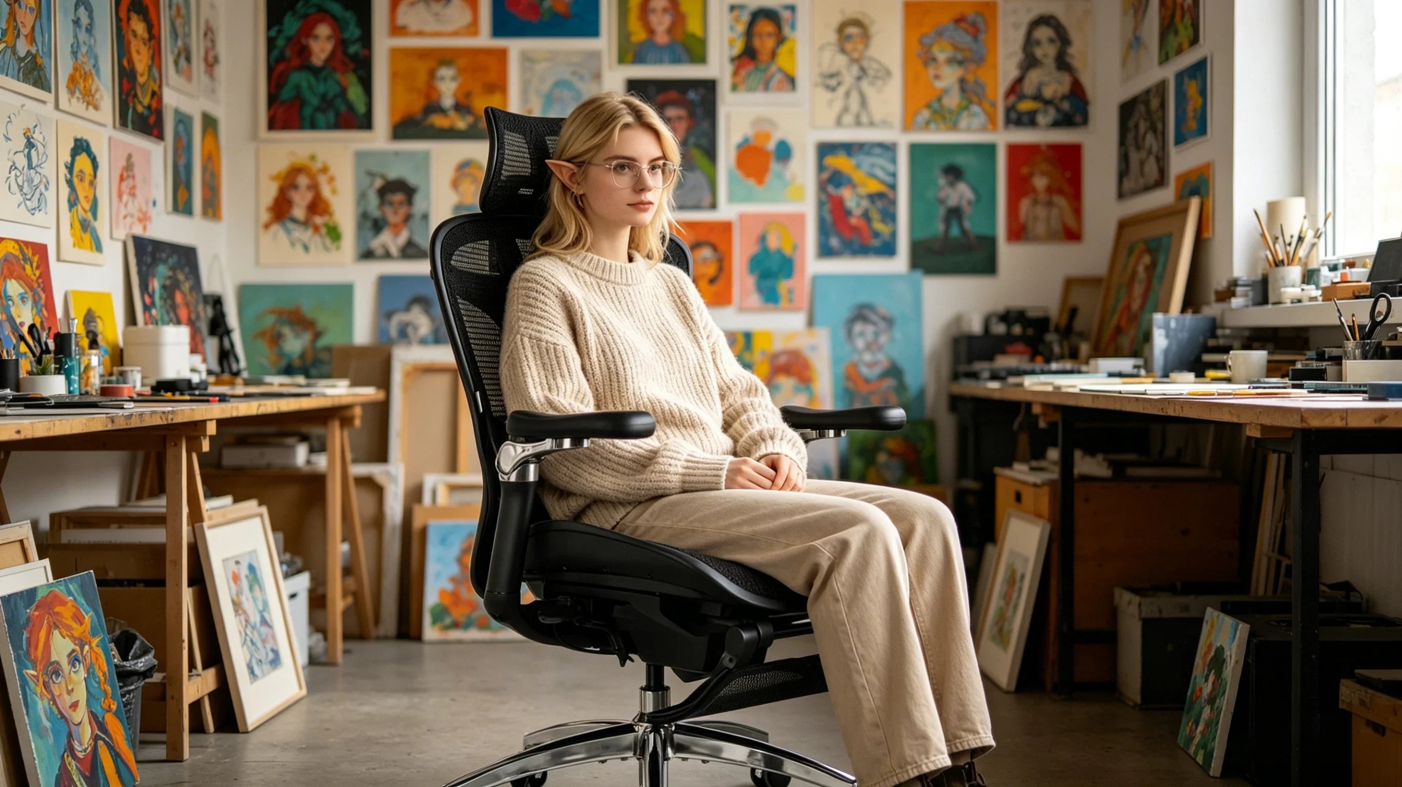 Full view of a 28-year-old female illustrator sitting in the [best rated ergonomic office chair] in her vibrant studio.