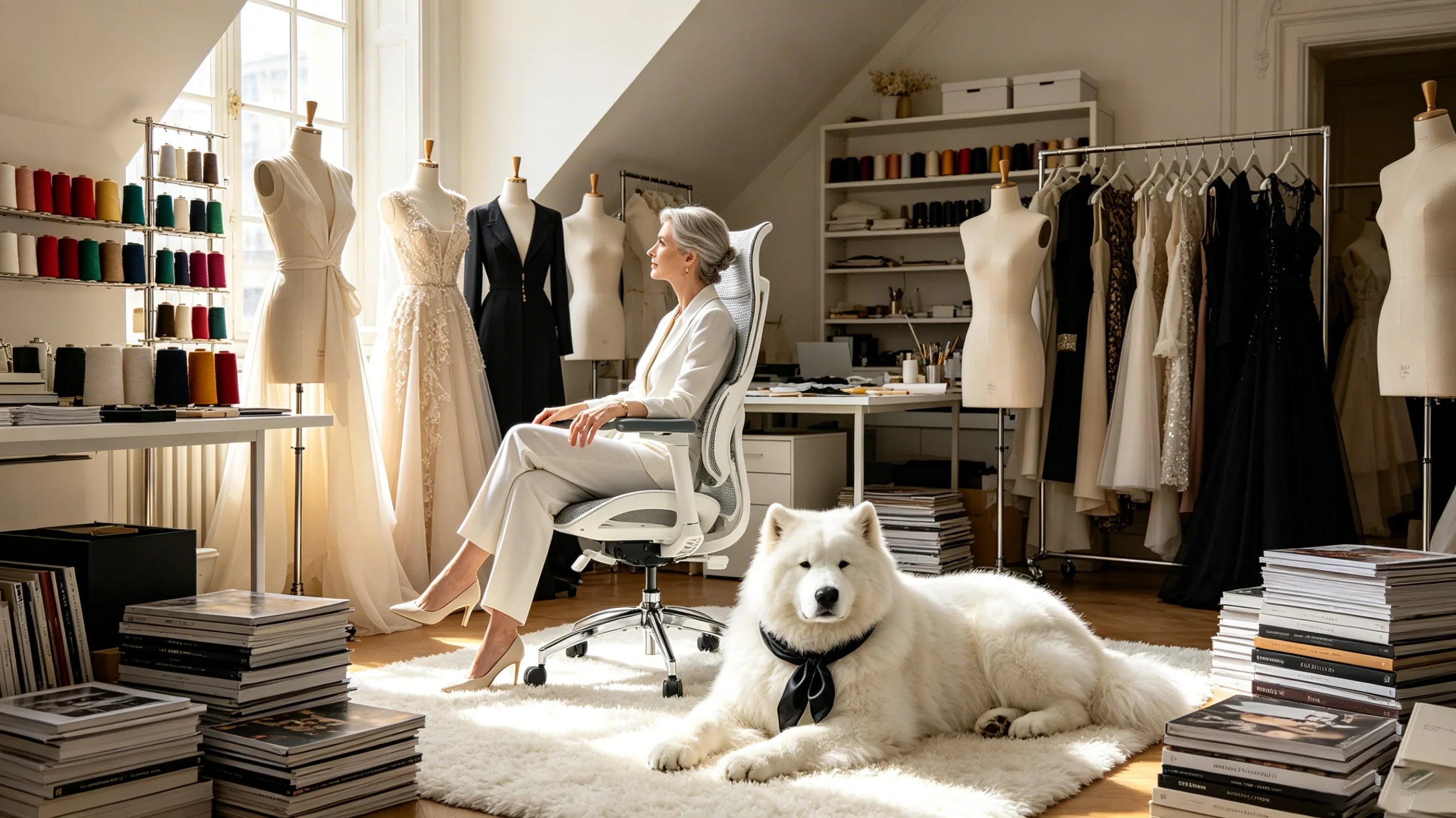 Full body shot of Madame Vivienne Sterling sitting deeply in the [ergonomic chair] inside a luxury haute couture fashion studio, total figure visible.