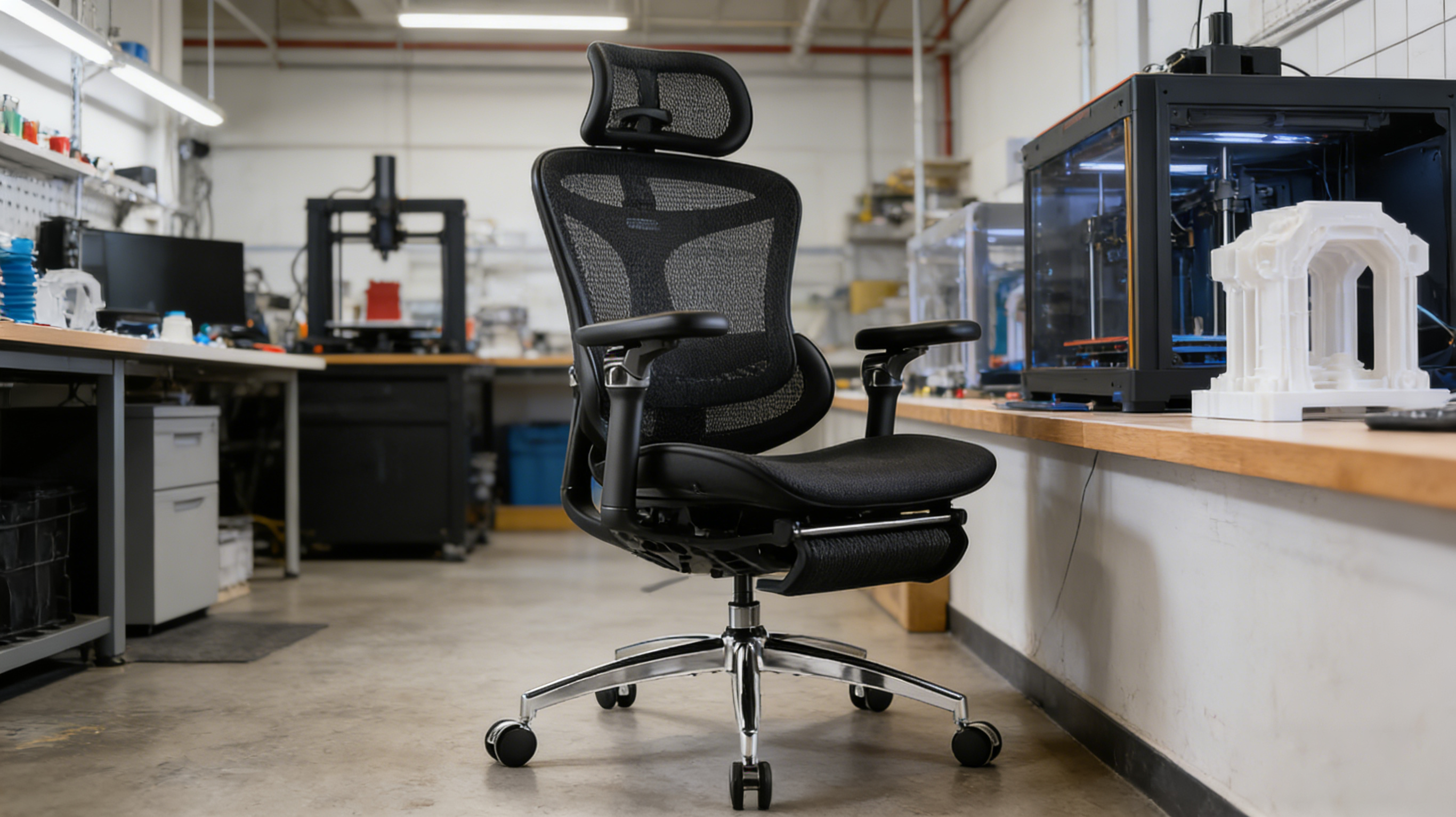 Fleet of professional desk chairs in a modern industrial design studio