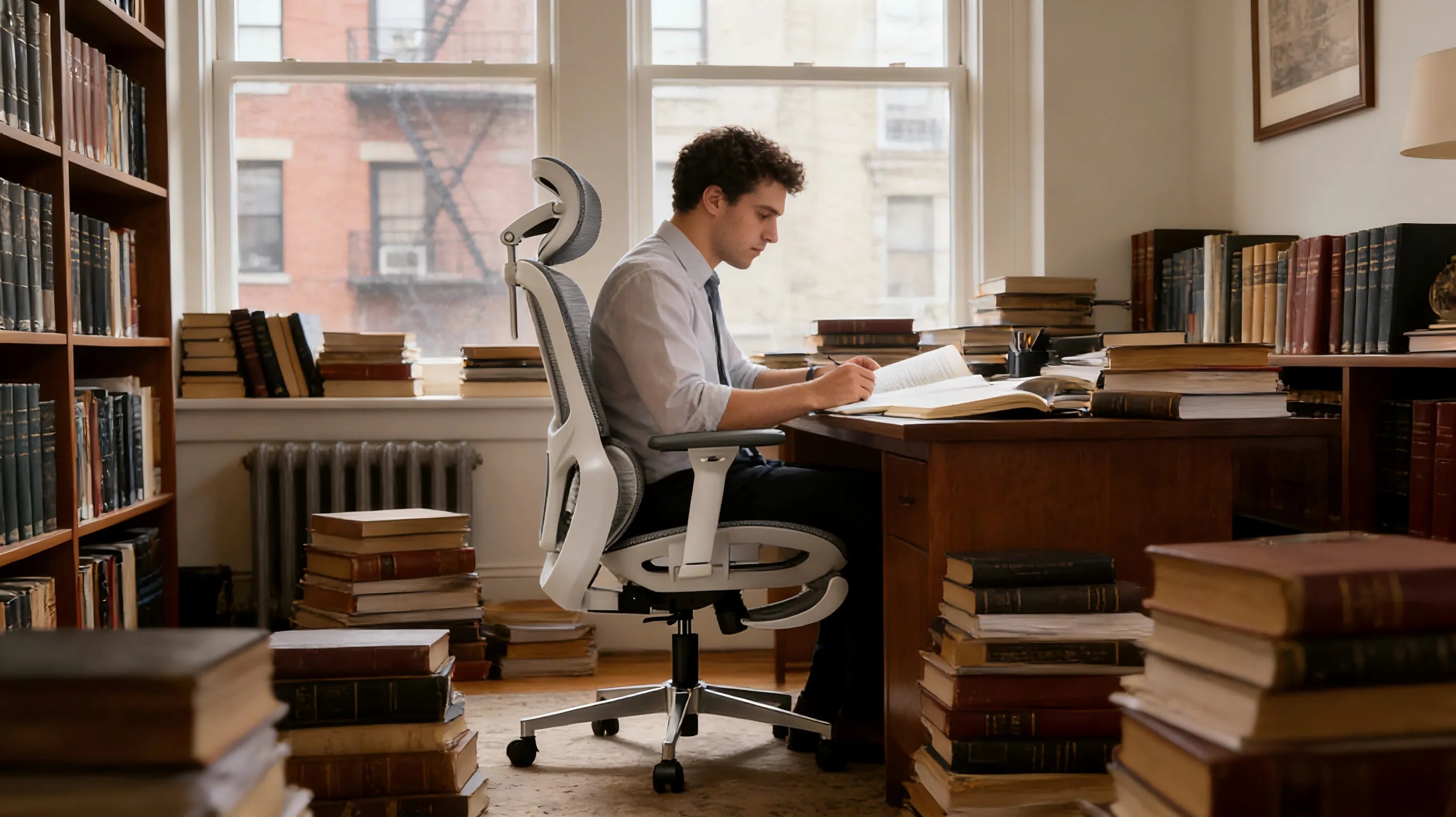 A law student in a Brooklyn apartment using a white-framed study chair ergonomic at a desk full of law books.