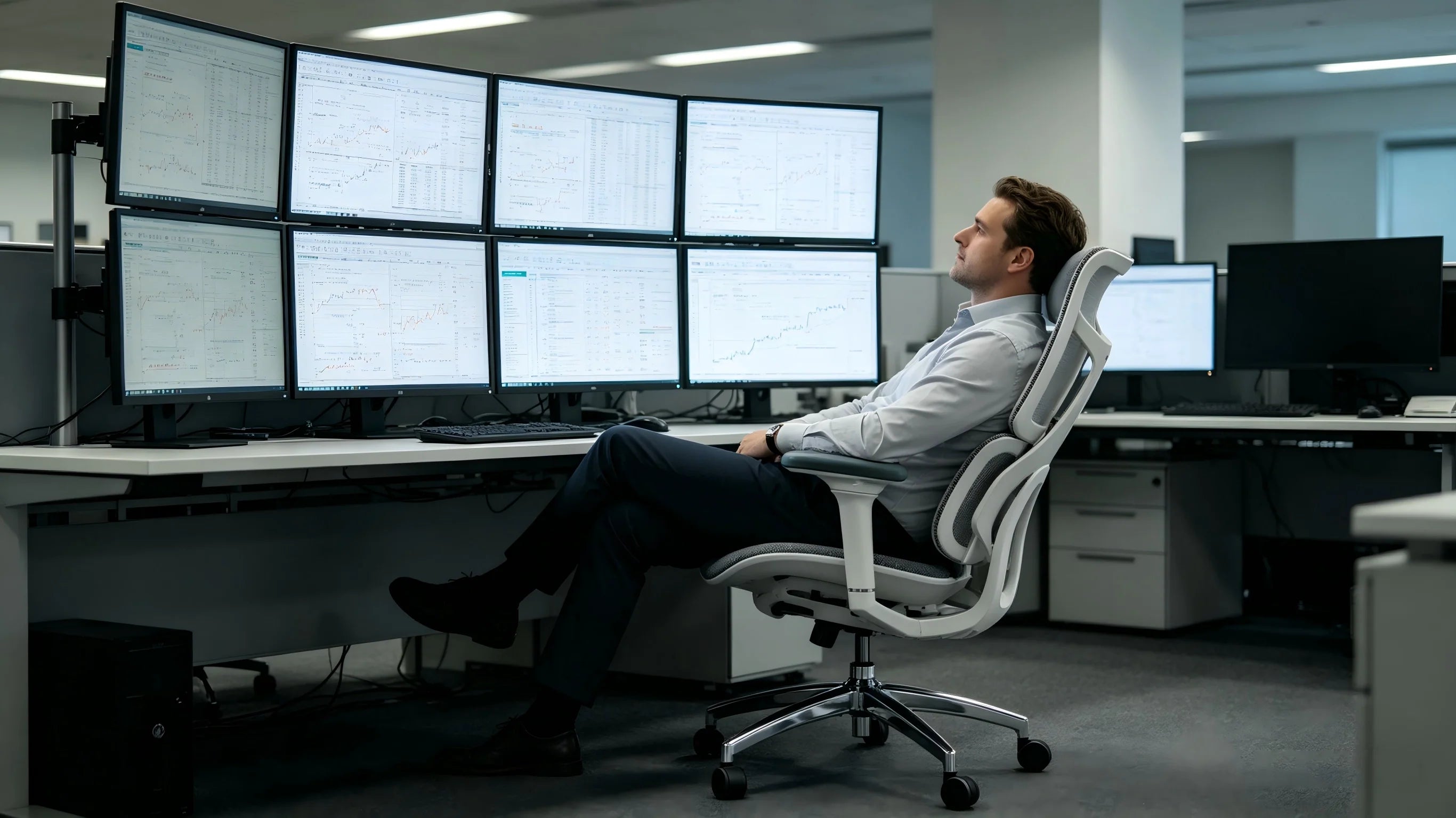 An analyst utilizing the 140-degree recline on the ergonomic office chair for a moment of reflection.