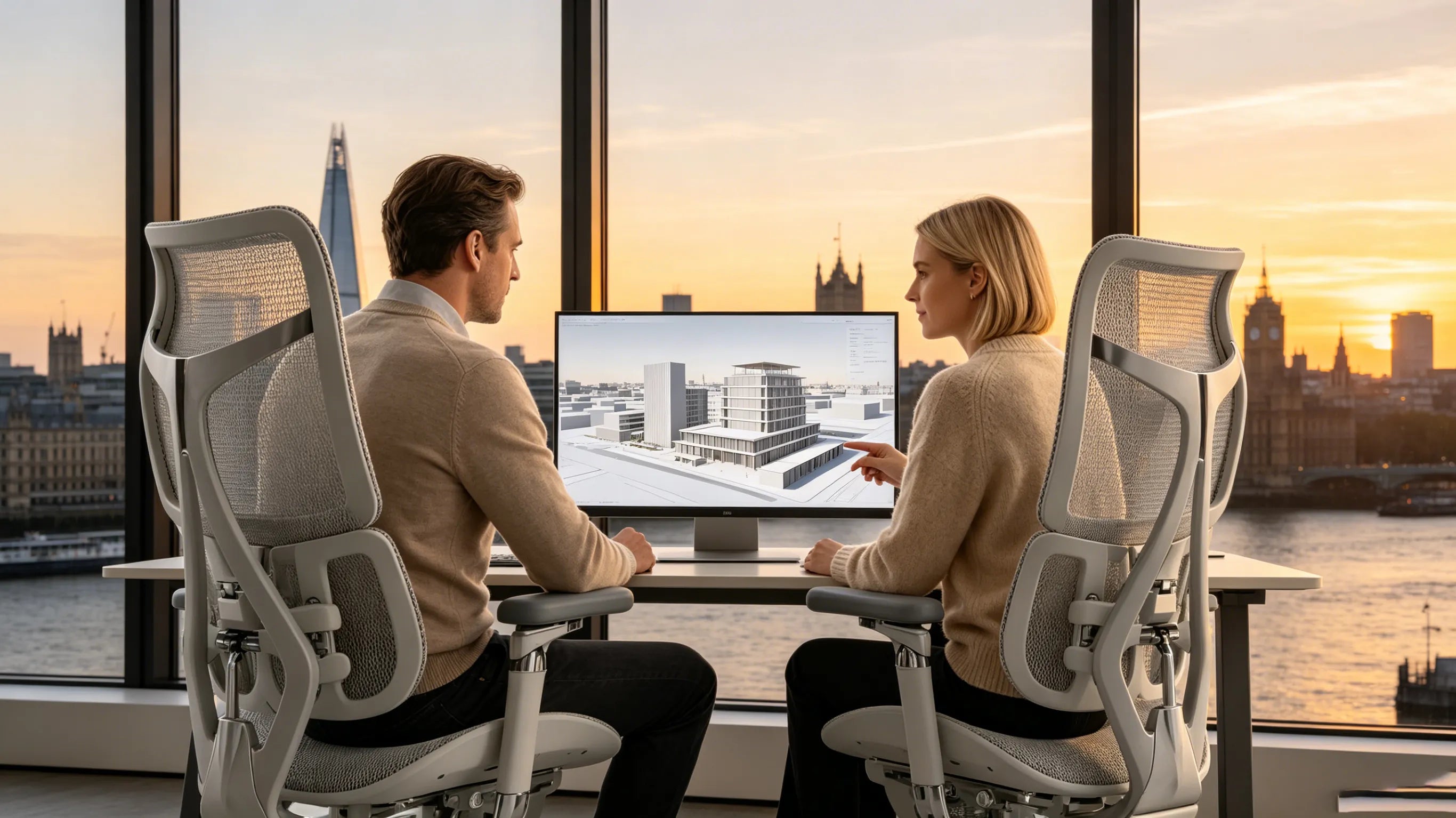 A senior Caucasian architecture director reviewing structural prints while seated in a premium ergonomic desk chair.