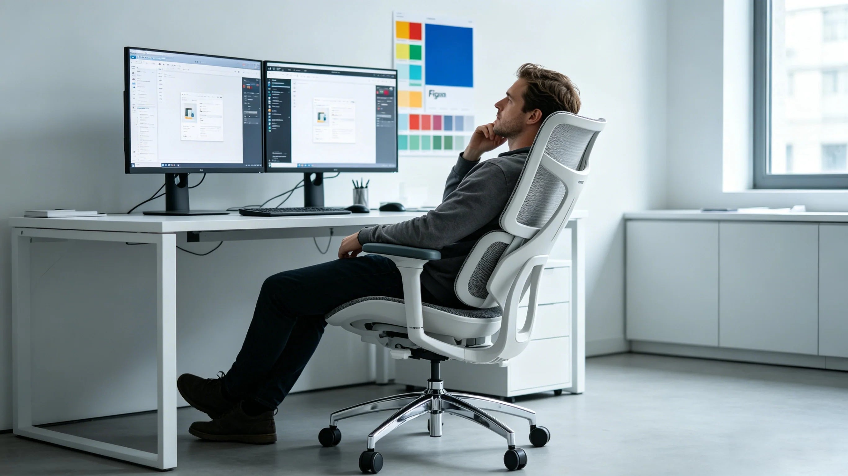 A senior UI designer utilizing the 140-degree recline on the best desk chair for a restorative brainstorming break.