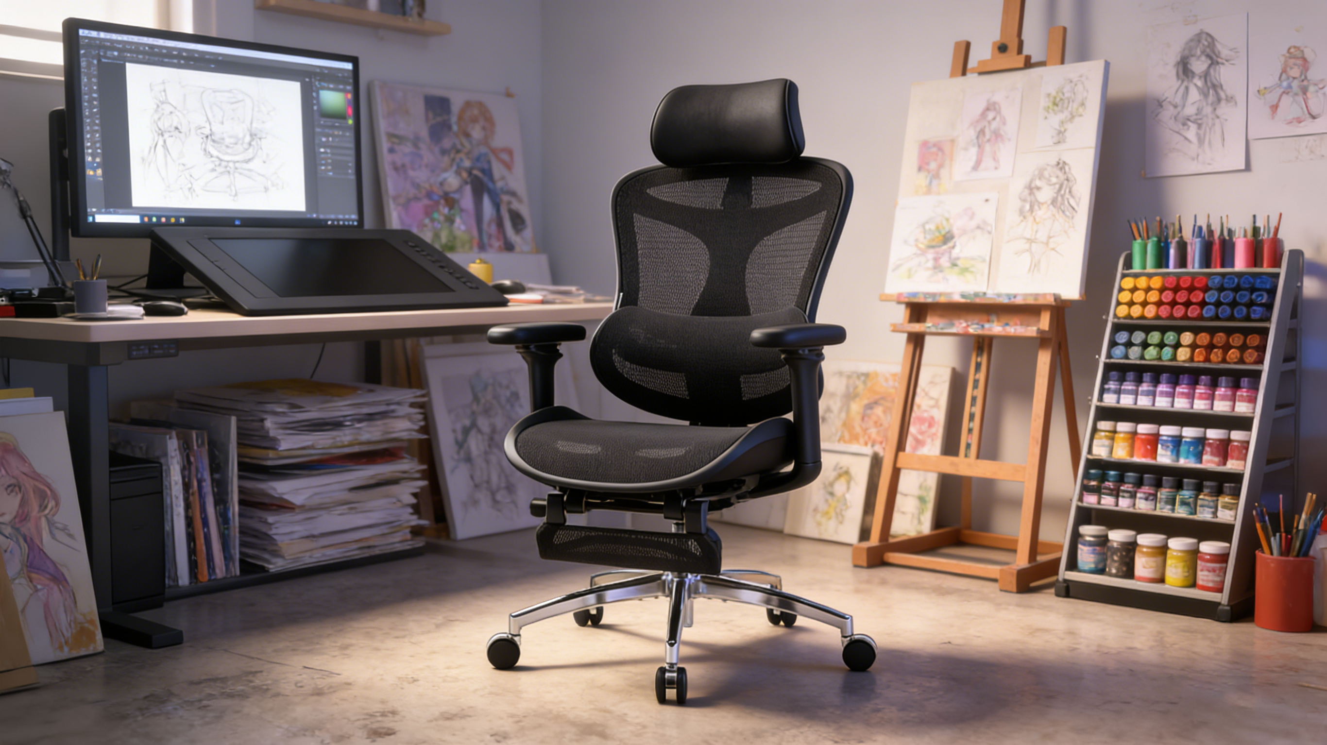 Restorative recline on an ergonomic officechair for creative review