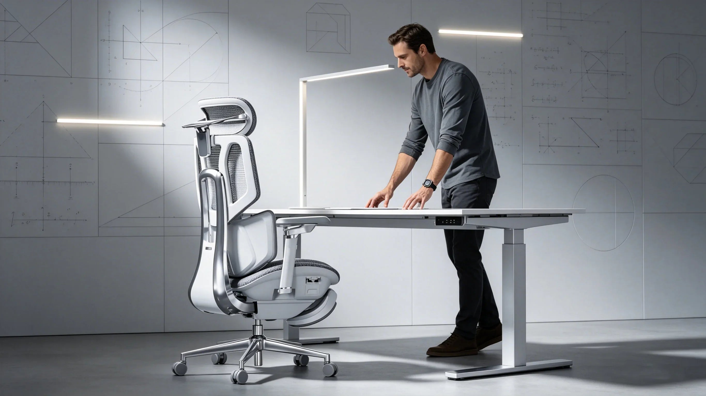 A professional European designer calibrating his [**desk chair adjustable height**] settings.