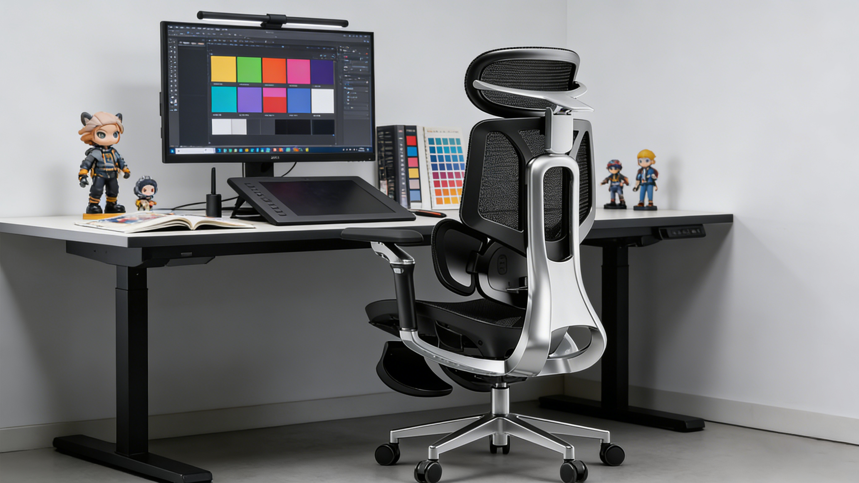 Set of ergo office chairs with 360-degree swivel capability and silent PU casters.