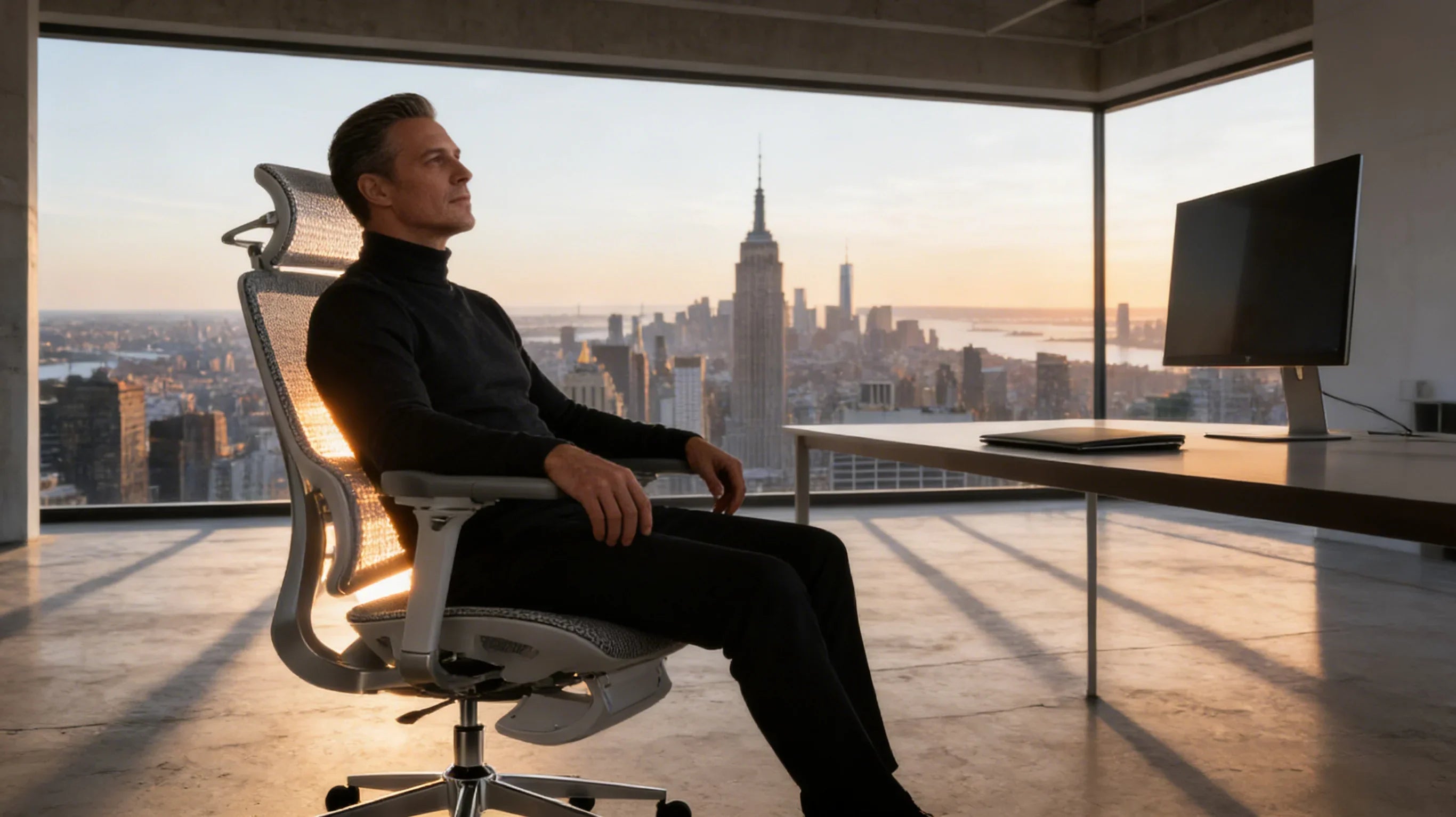 A European creative director in his high-performance [**desk ergonomic chair**].
