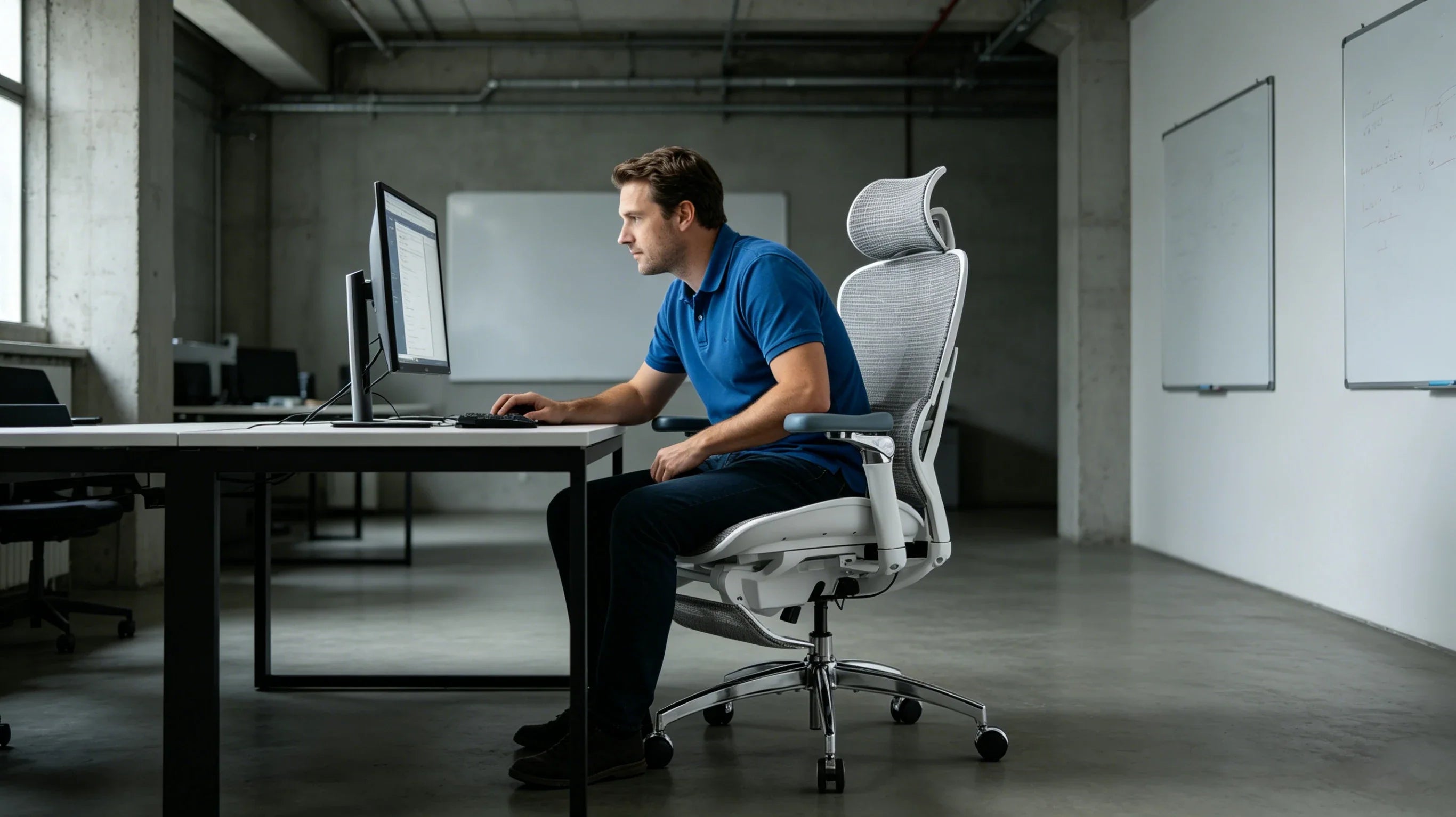 Full view of a 32-year-old male founder in a blue Polo shirt sitting in the [desk ergonomic chair] in his high-end office.