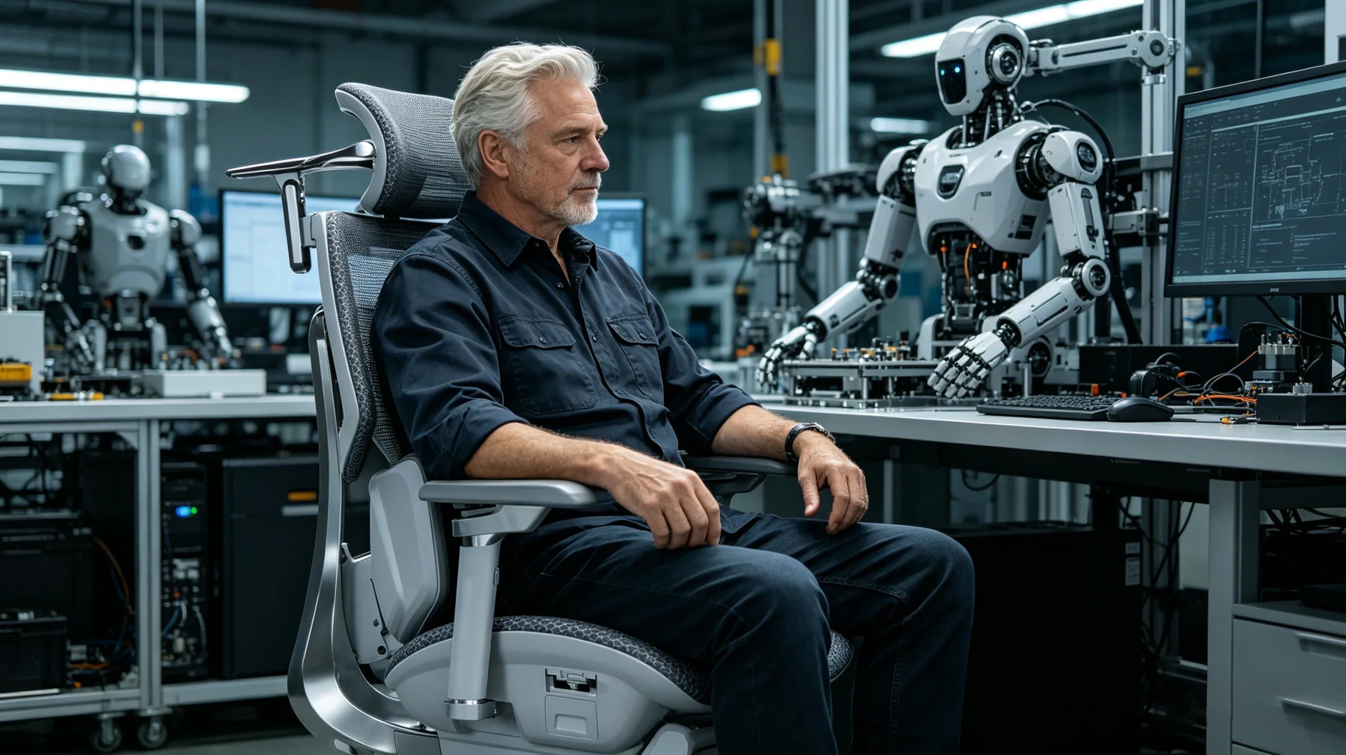 A senior European robotics lead evaluating the structural integrity of his [**desk ergonomic chair**].