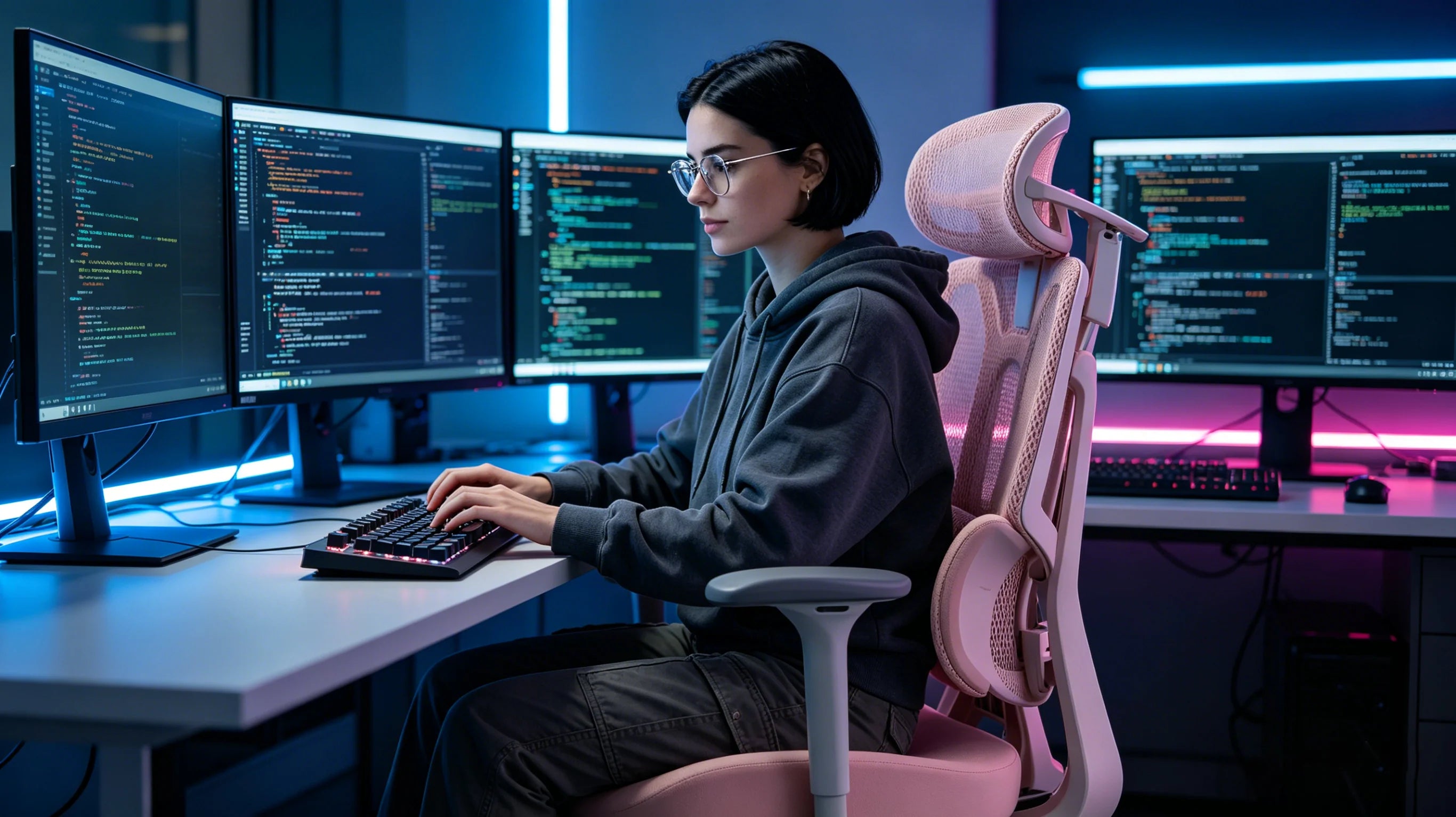 Aria coding at her triple-monitor setup in a pink [desk ergonomic chair].