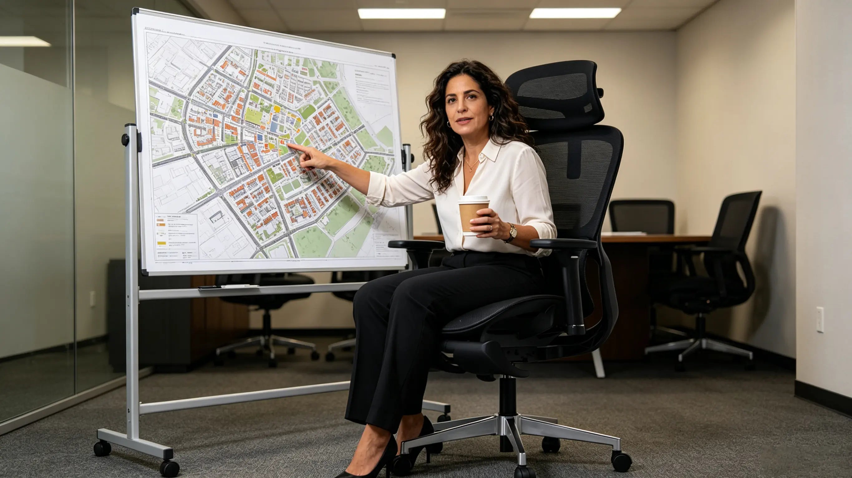 Doña Lucía, directora de arquitectura de 44 años, analizando planos urbanísticos en su silla ergonómica de escritorio Ergo Select en Madrid.