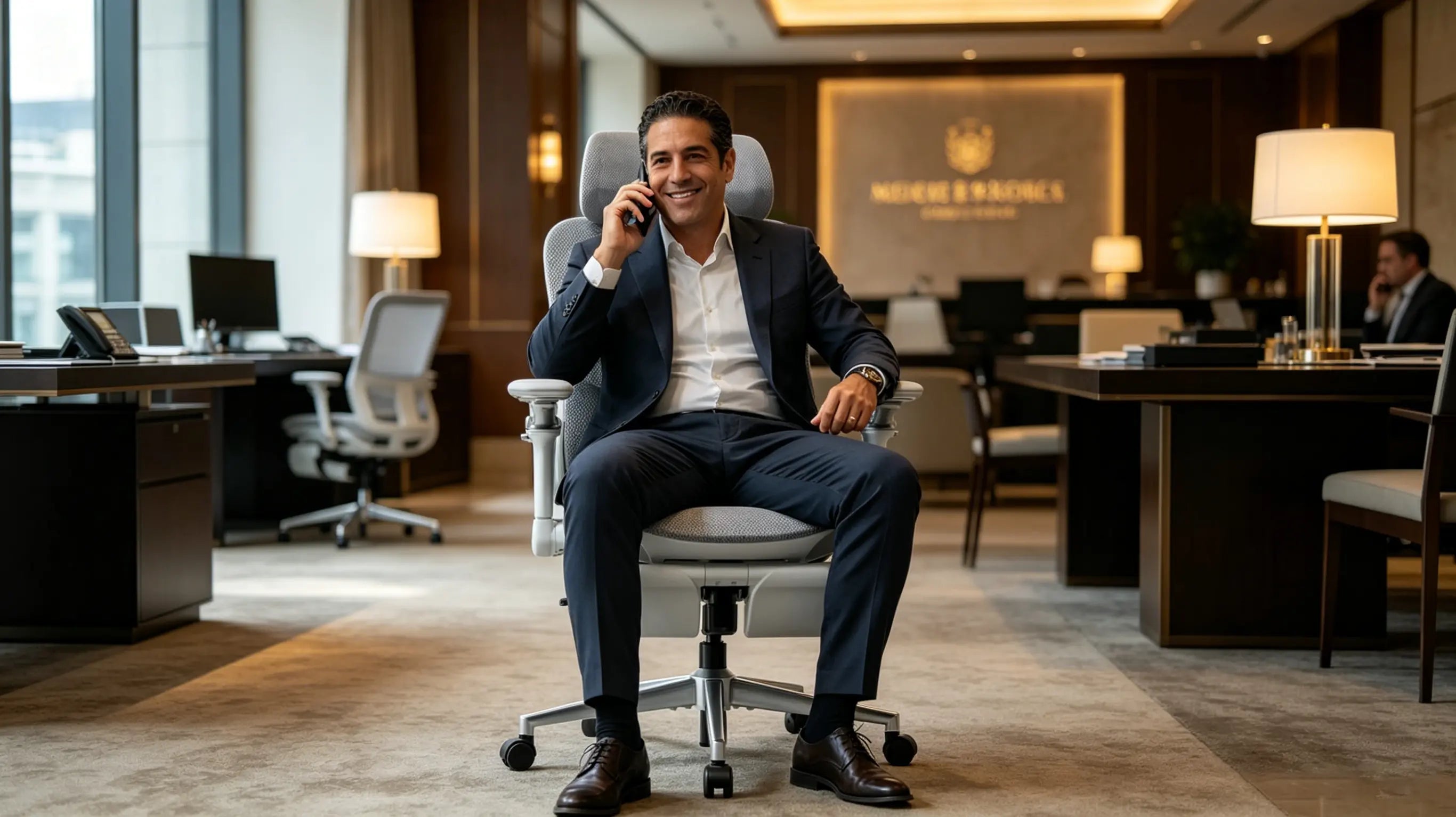 Don Fernando, director de activos hoteleros de 42 años, analizando presupuestos de expansión en su silla Ergo Select en las Islas Canarias.