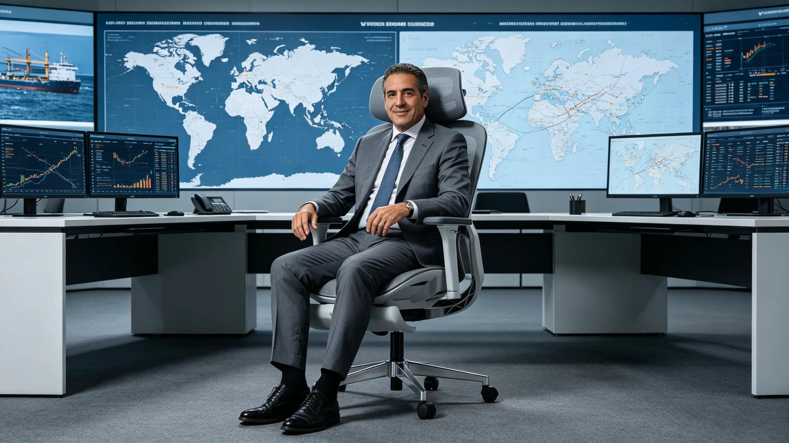 Don Arturo, CEO logístico de 52 años, planificando rutas globales en su silla Ergo Select en Santander.