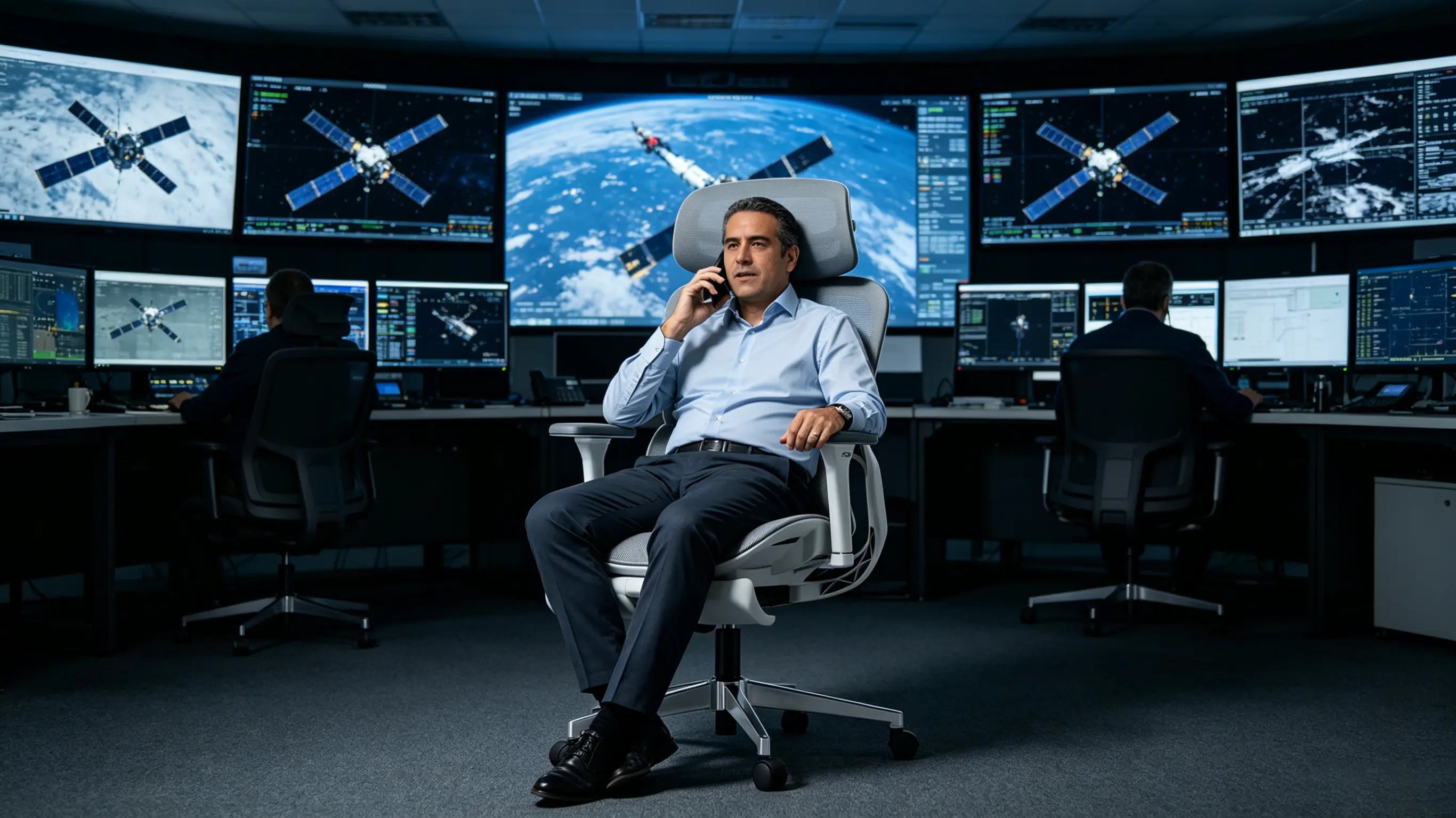 Don Javier, director de logística aeroespacial de 47 años, monitorizando misiones satelitales en la mejor silla de escritorio ergonómica Ergo Select en Madrid