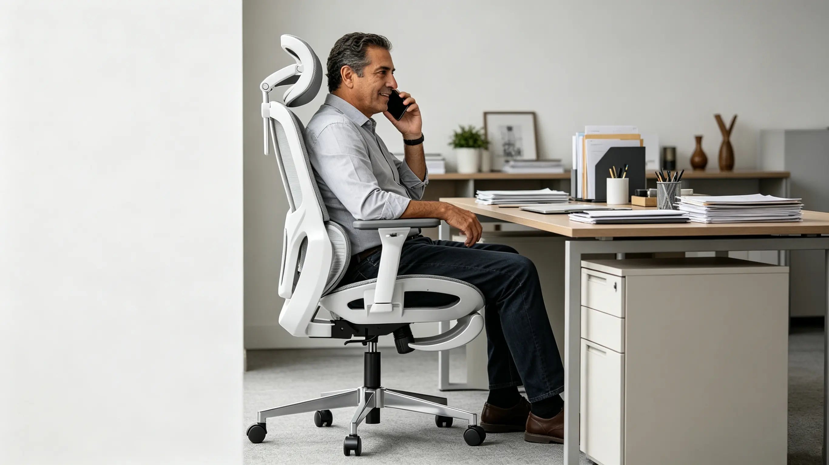 Don Alejandro, director de cadena de suministro de 45 años, coordinando la logística global de retail en su silla escritorio ergonómica Ergo Select en Madrid.