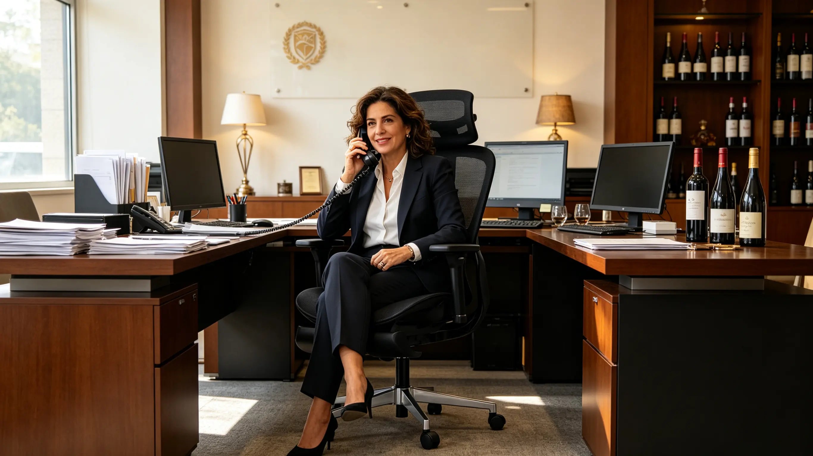 Doña Victoria, directora de exportaciones de 46 años, gestionando envíos internacionales en su silla Ergo Select en La Rioja.
