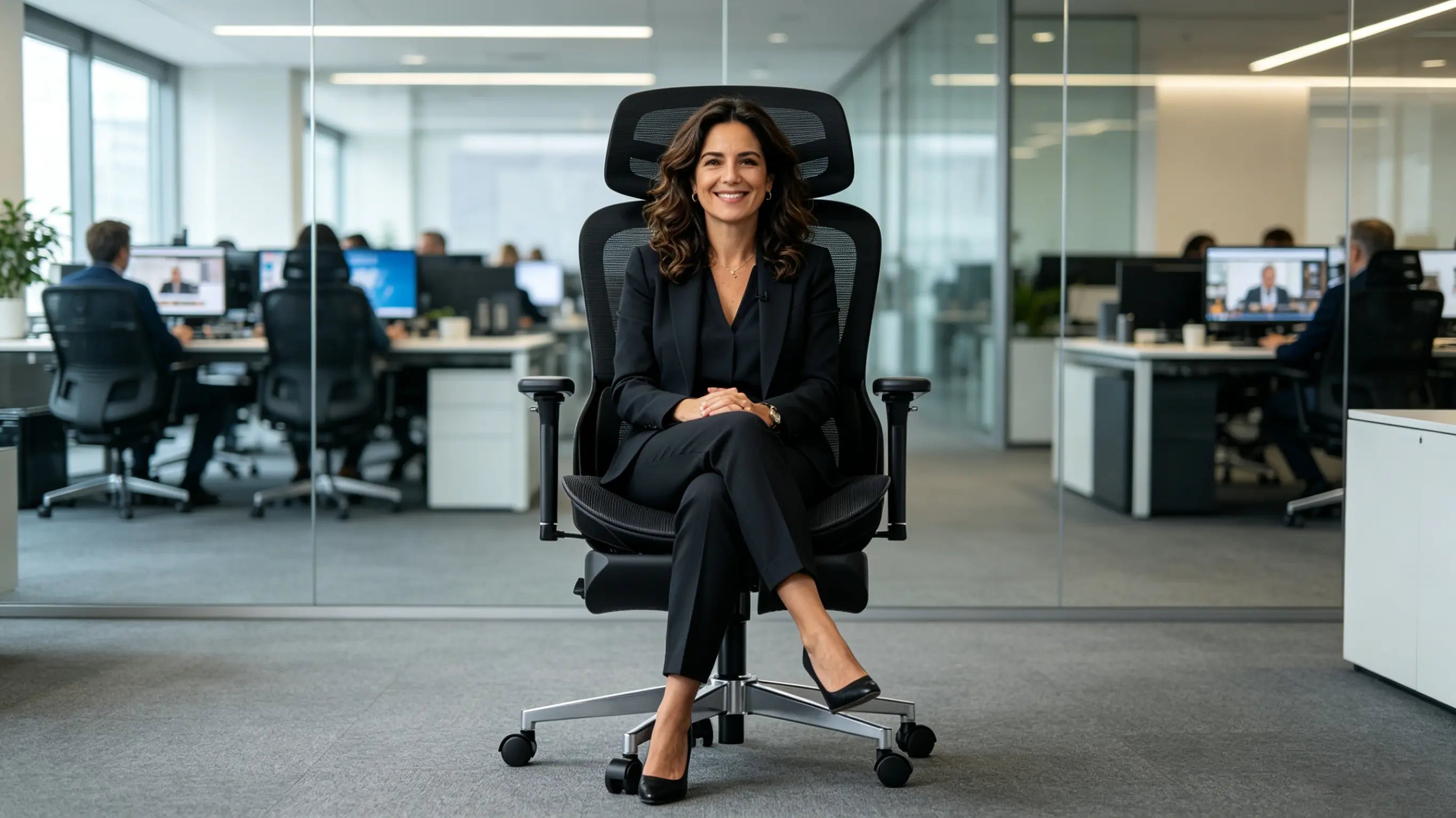 Doña Silvia, directora de operaciones remotas de 43 años, liderando una junta global desde su silla Ergo Select en Ibiza.