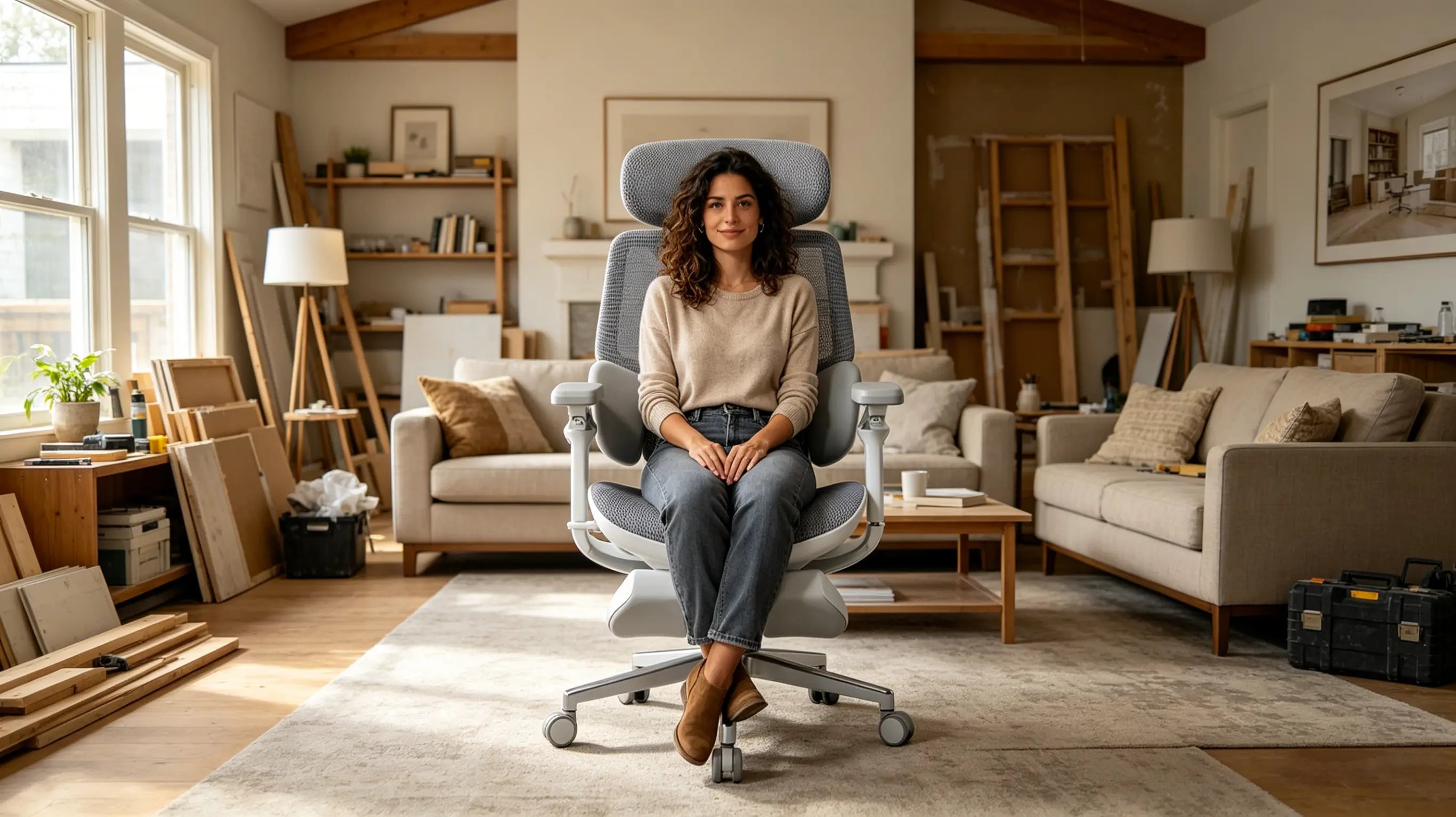 Soporte lumbar de la silla de oficina ergonómica adaptado perfectamente a la espalda femenina.