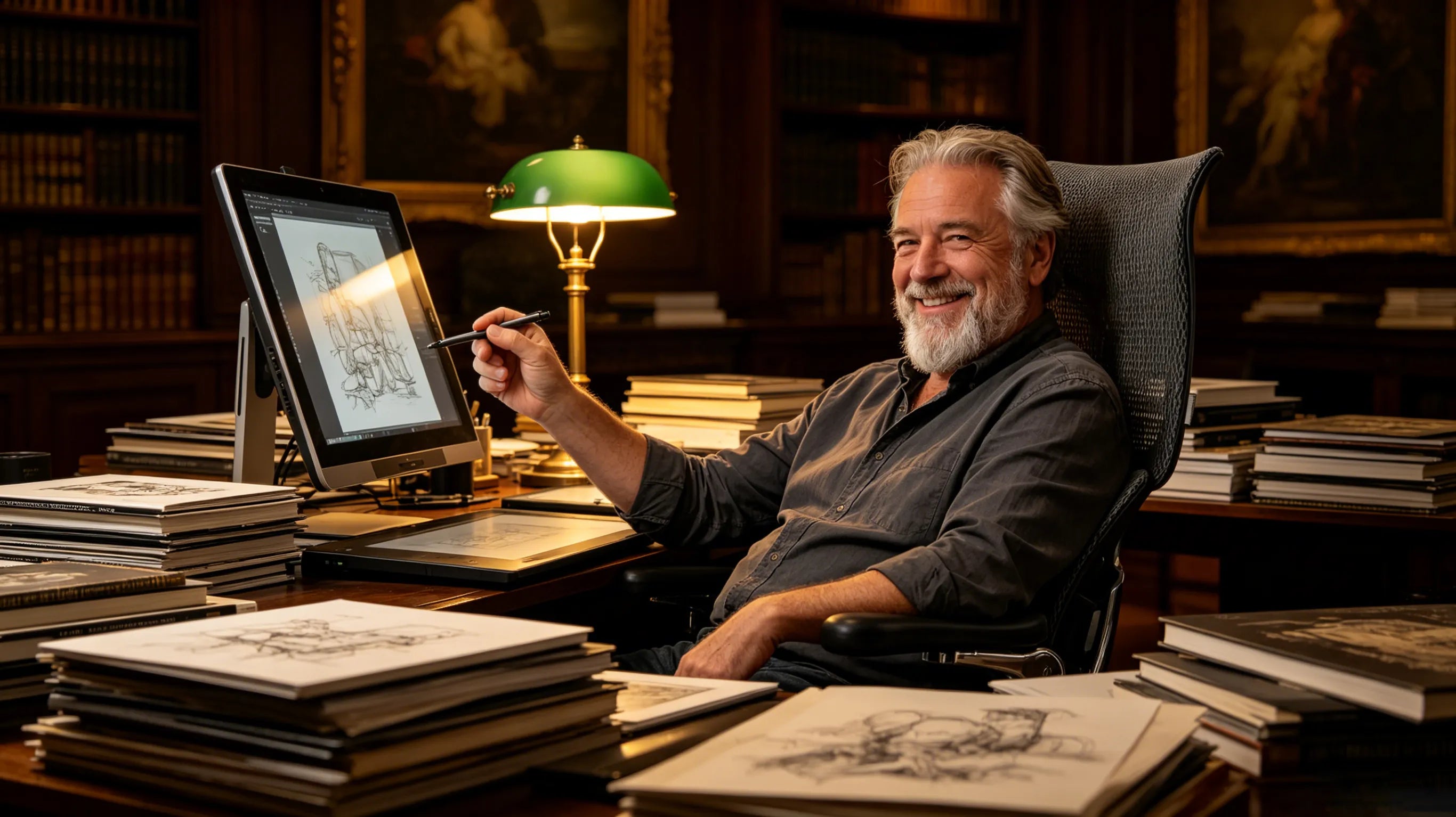 A male freelance illustrator holding a ceramic mug while sitting in the best ergonomic office chair during an early morning conceptual session.