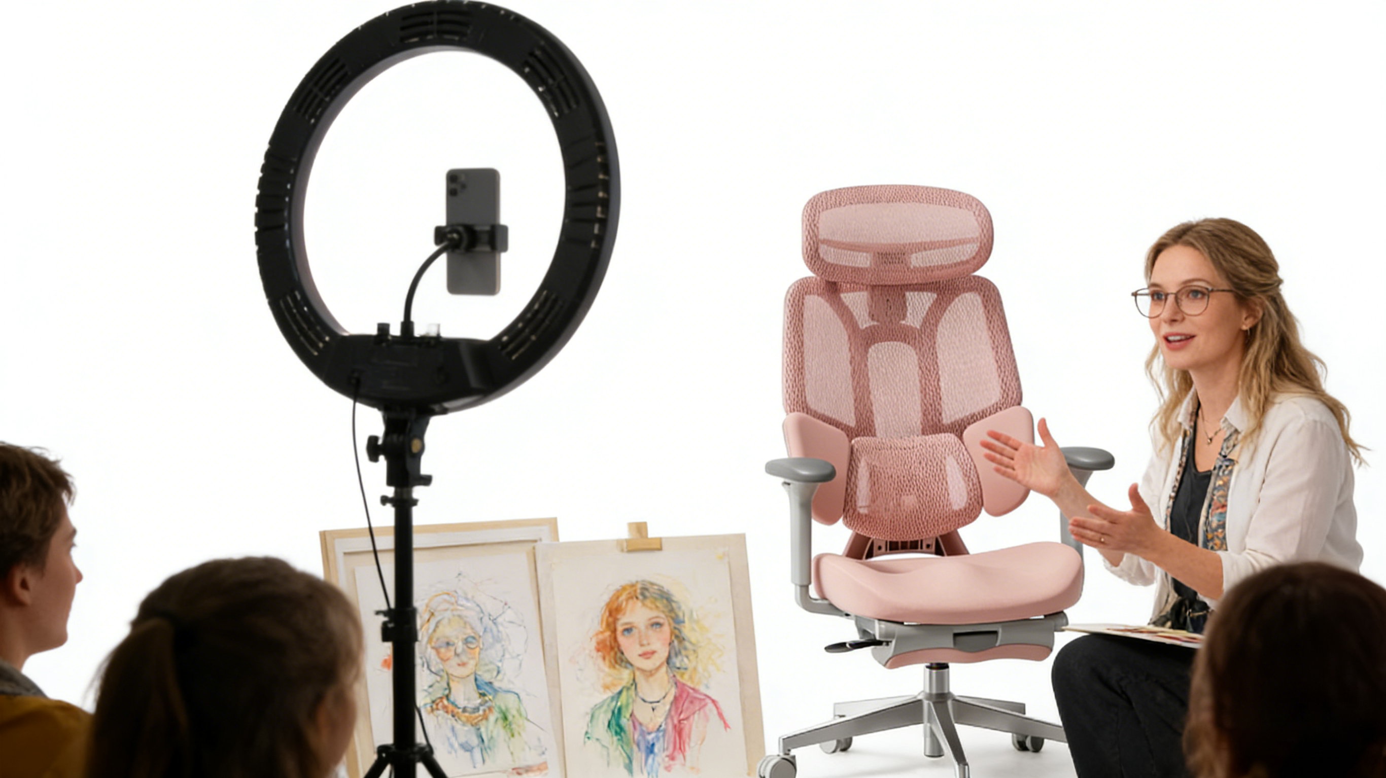 Professional illustrator using a pink ergo chair for digital painting