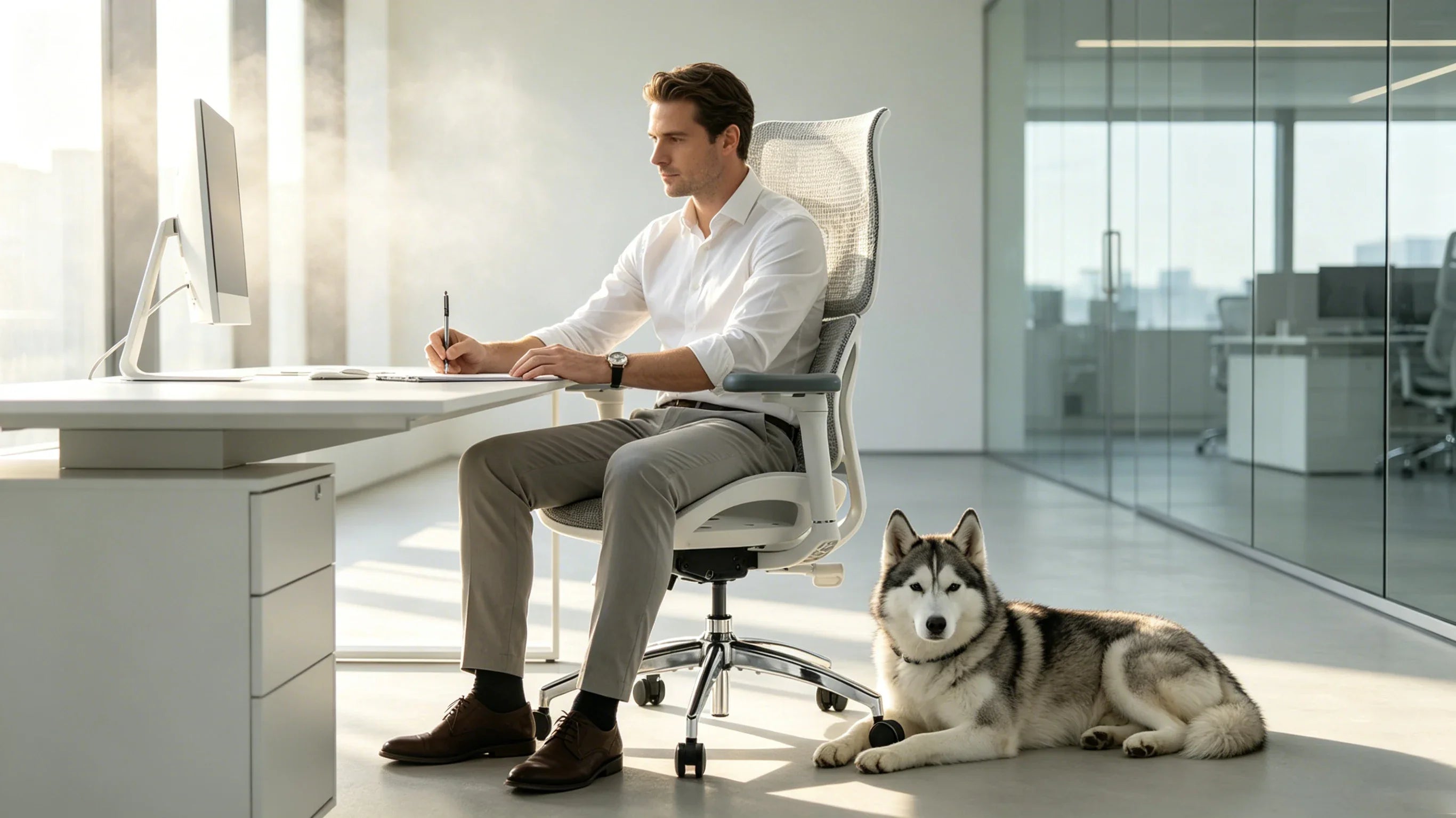 Full body shot of Dominic, a Caucasian male, sitting deeply in the [ergonomic chair] inside a high-tech crypto trading room, displaying complete body integrity from head to shoes.