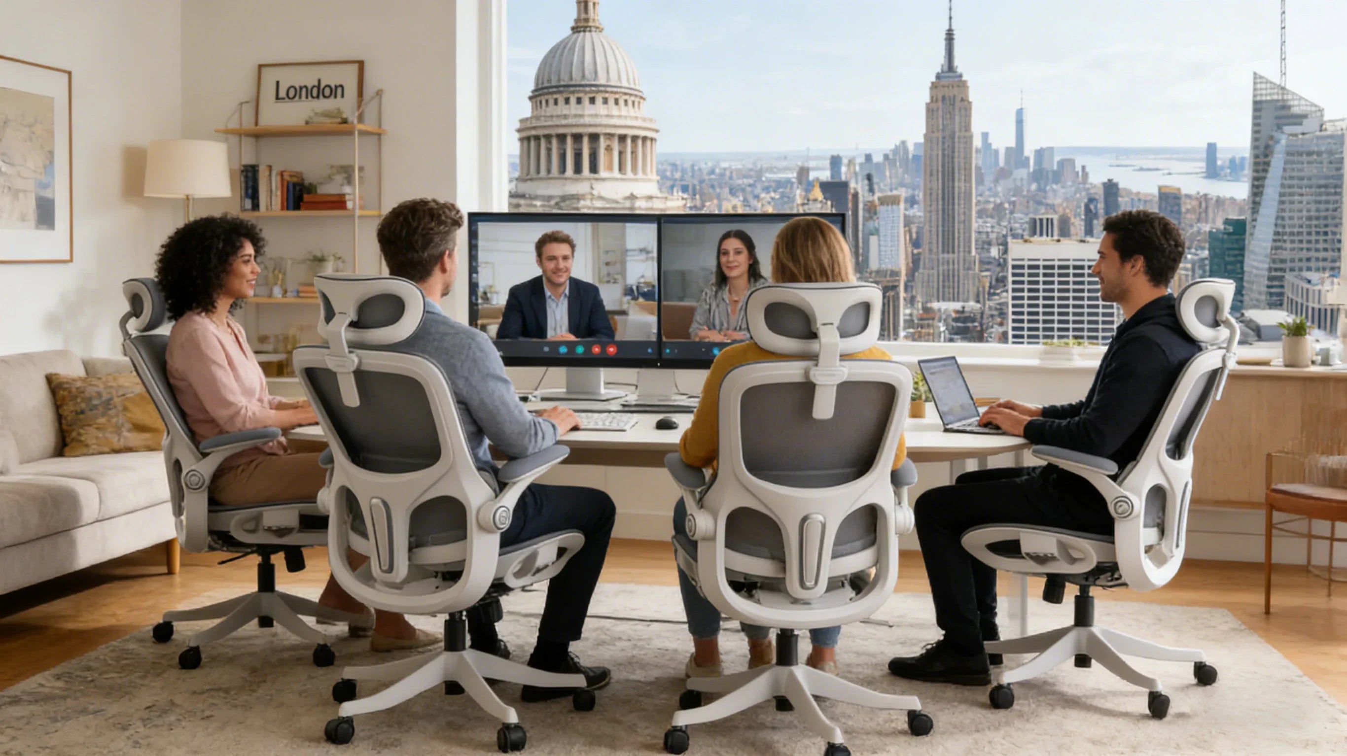 Remote marketing professionals having a video sync while sitting in high-performance ergodynamic chairs.