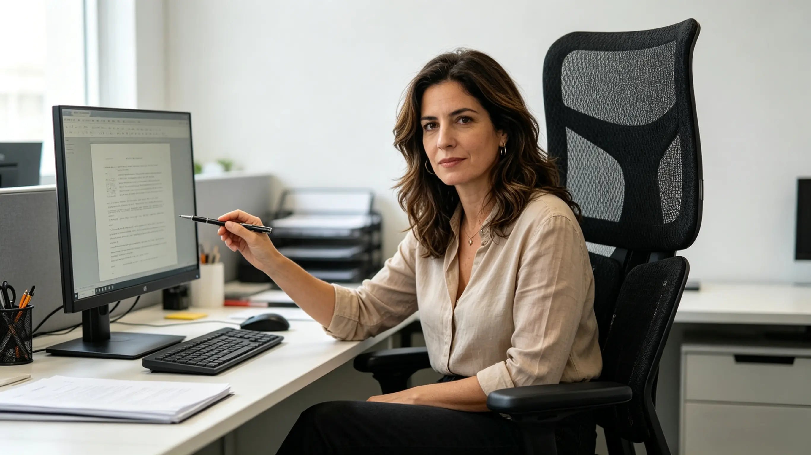 Elena editando subtítulos sentada en su silla de oficina ergonomica Ergo Select en su estudio de Sevilla.