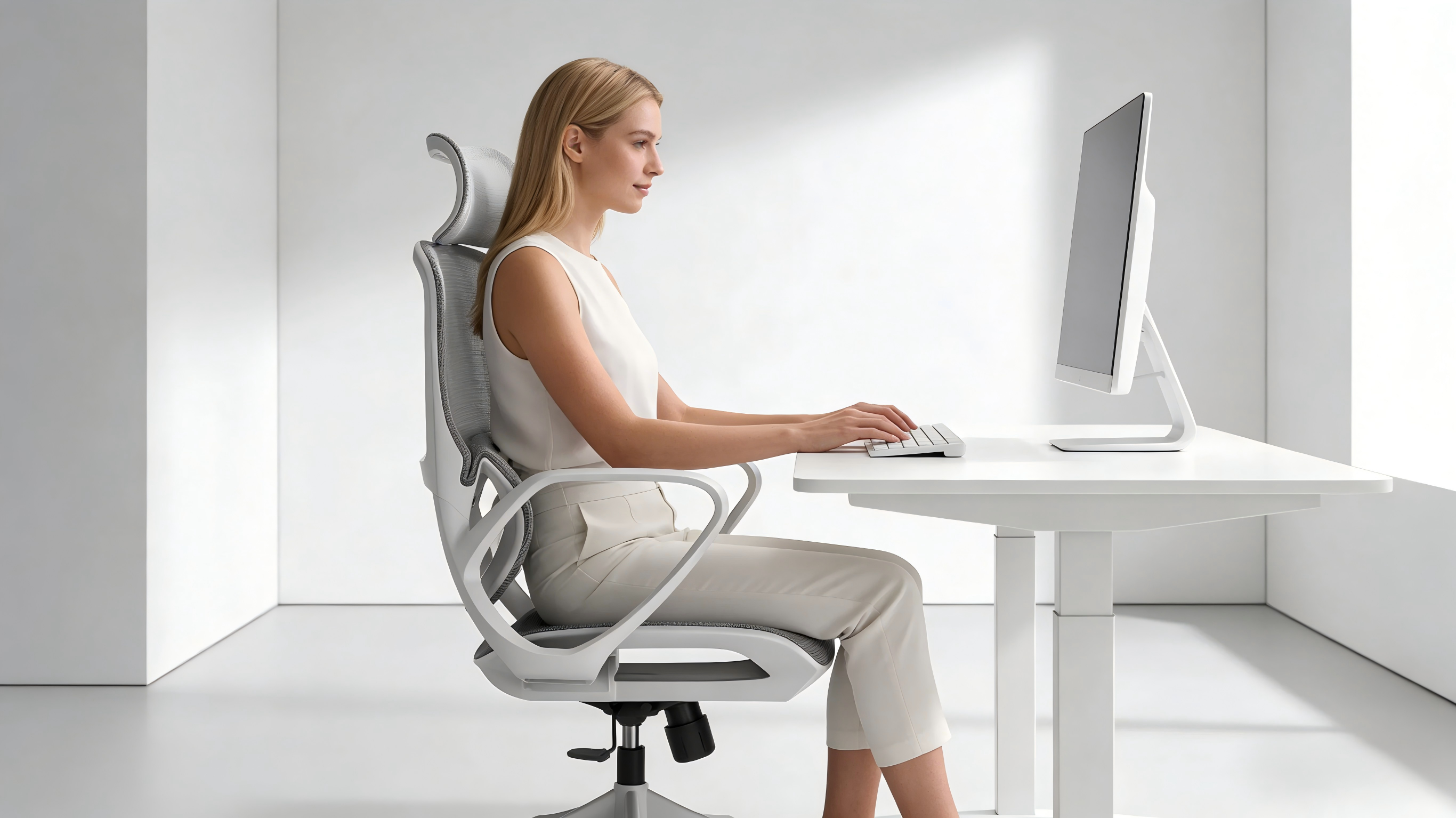 BIFMA-certified 330 lbs frame of a white ergo chair