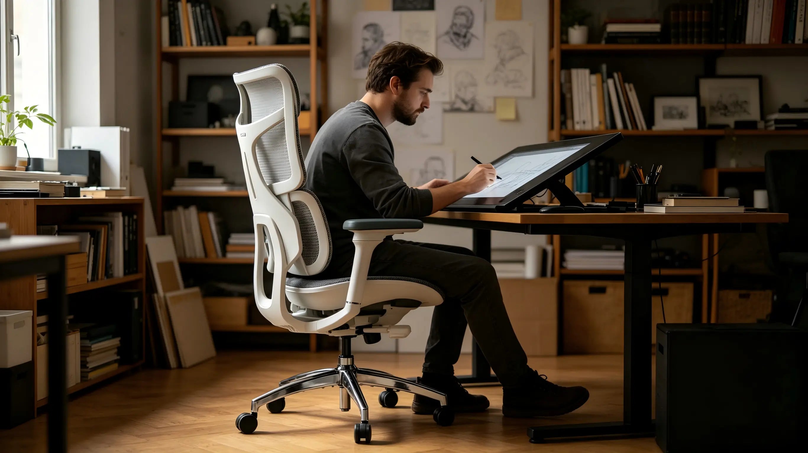  Rear view showing the bionic wings of the ergonomic office chair adjusting to an artist's leaning movement.