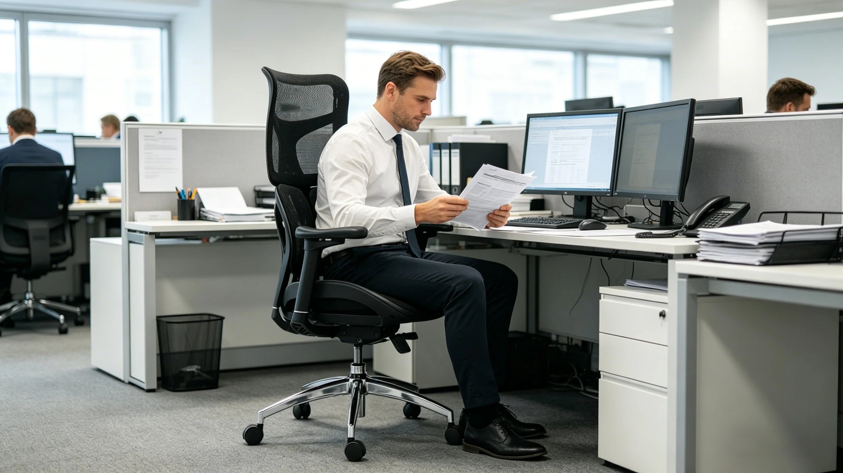 Rear view of the Ergo Select ergonomic chair for back pain tracking a user's lateral movement.