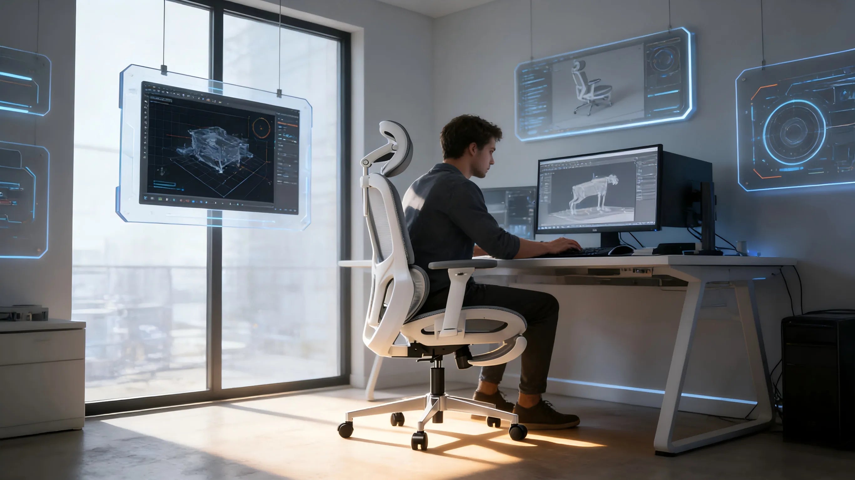 A side profile showing the biomechanical S-curve of a white-framed ergometric office chair with grey mesh.