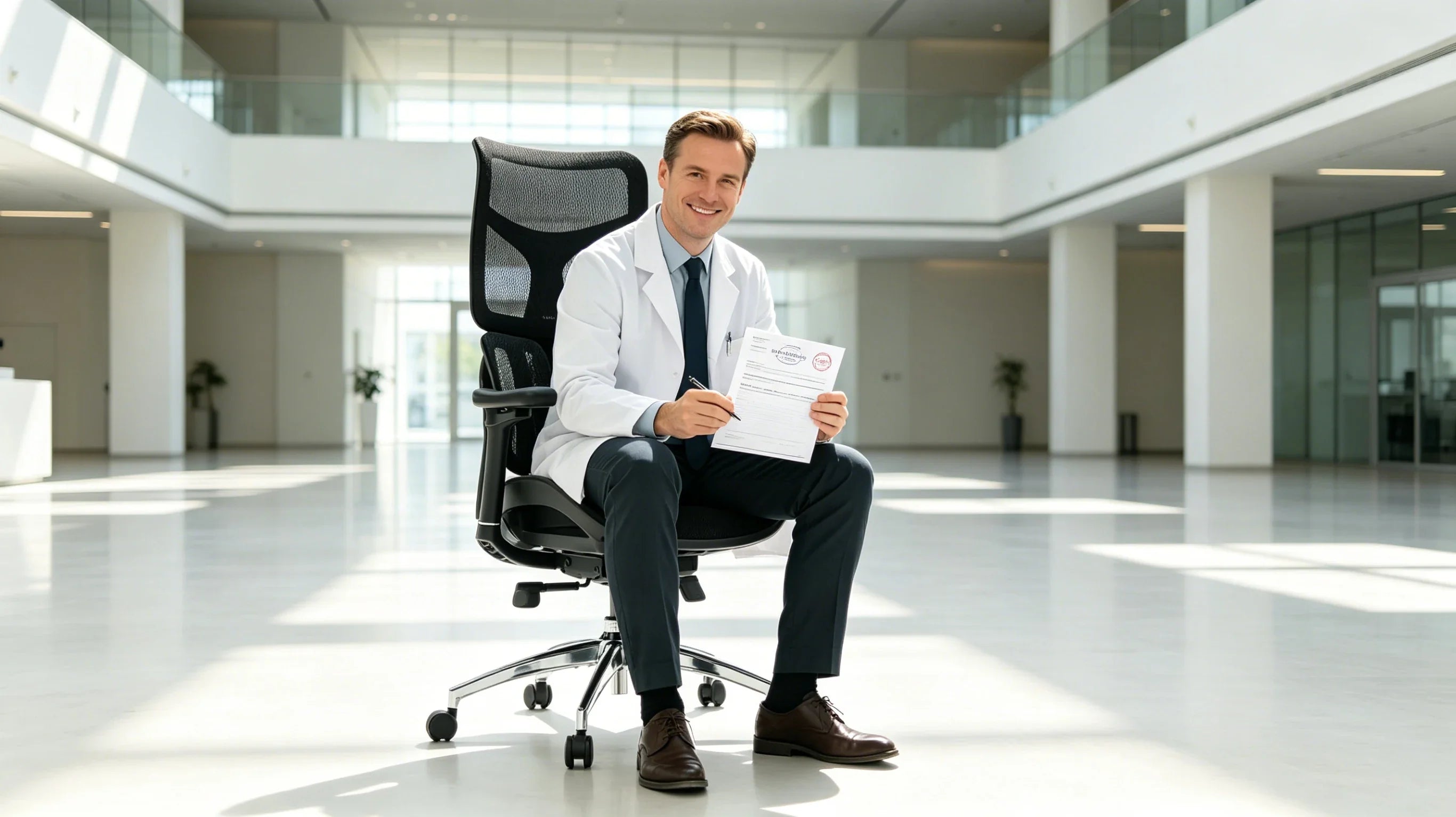 Full body shot of Dr. Alistair Vance sitting upright in the [ergonomic chair for back pain] in a spinal biomechanics laboratory, total figure visible.