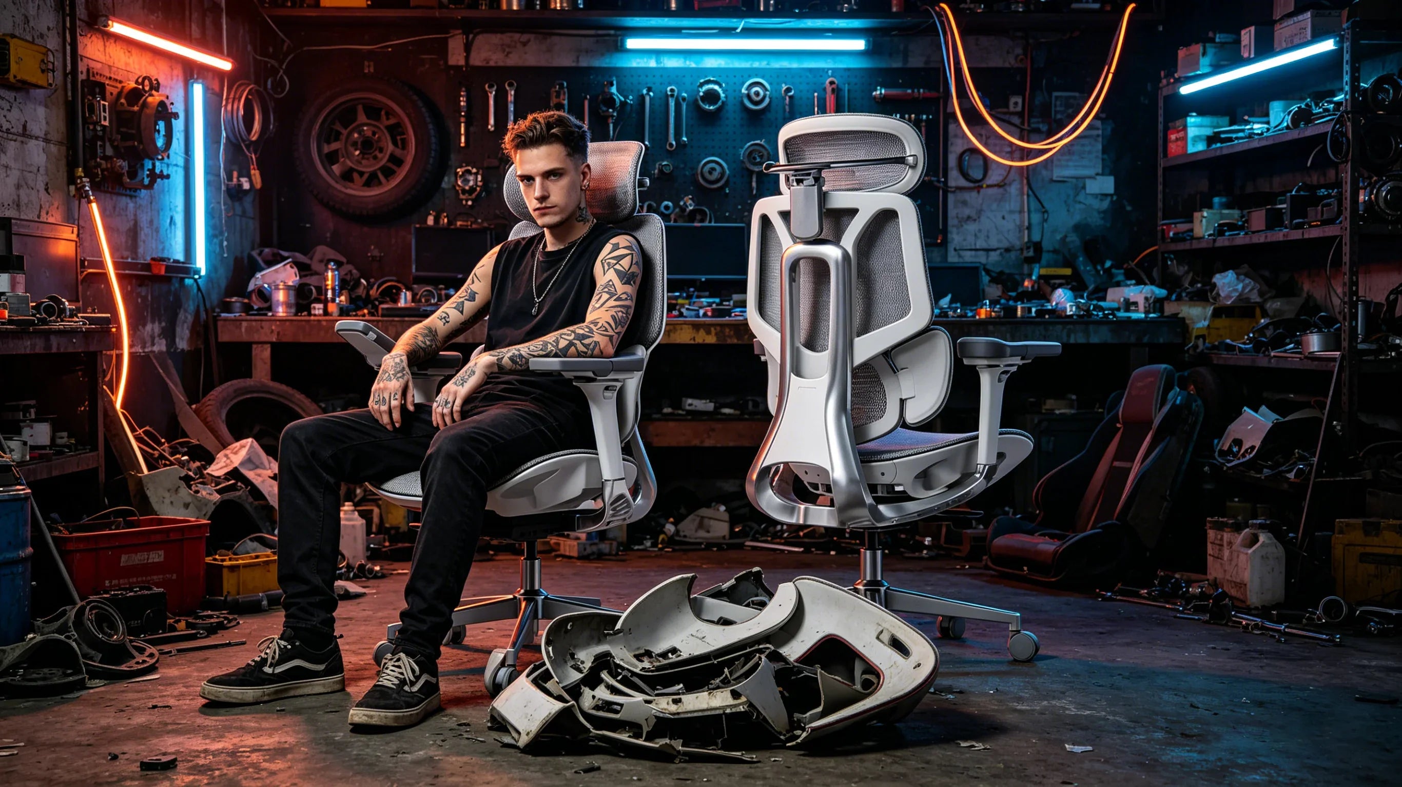 A European hardware geek auditing the build quality of an [**erganomic gaming chair**].
