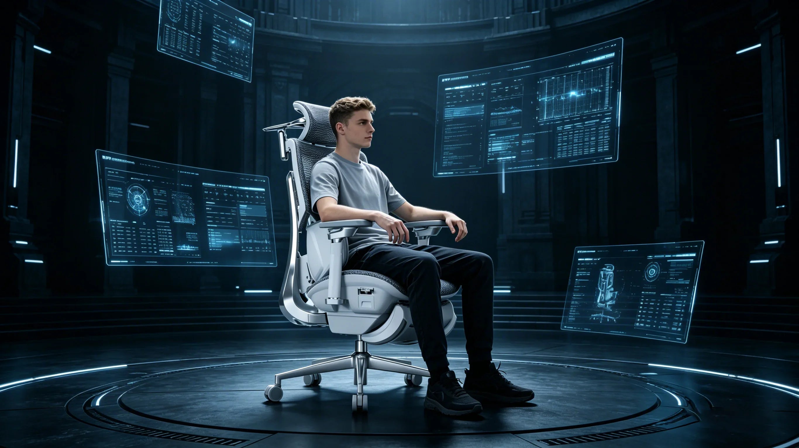 A professional European esports player using the AI-driven [**ergo gaming chair**] in a tech studio.