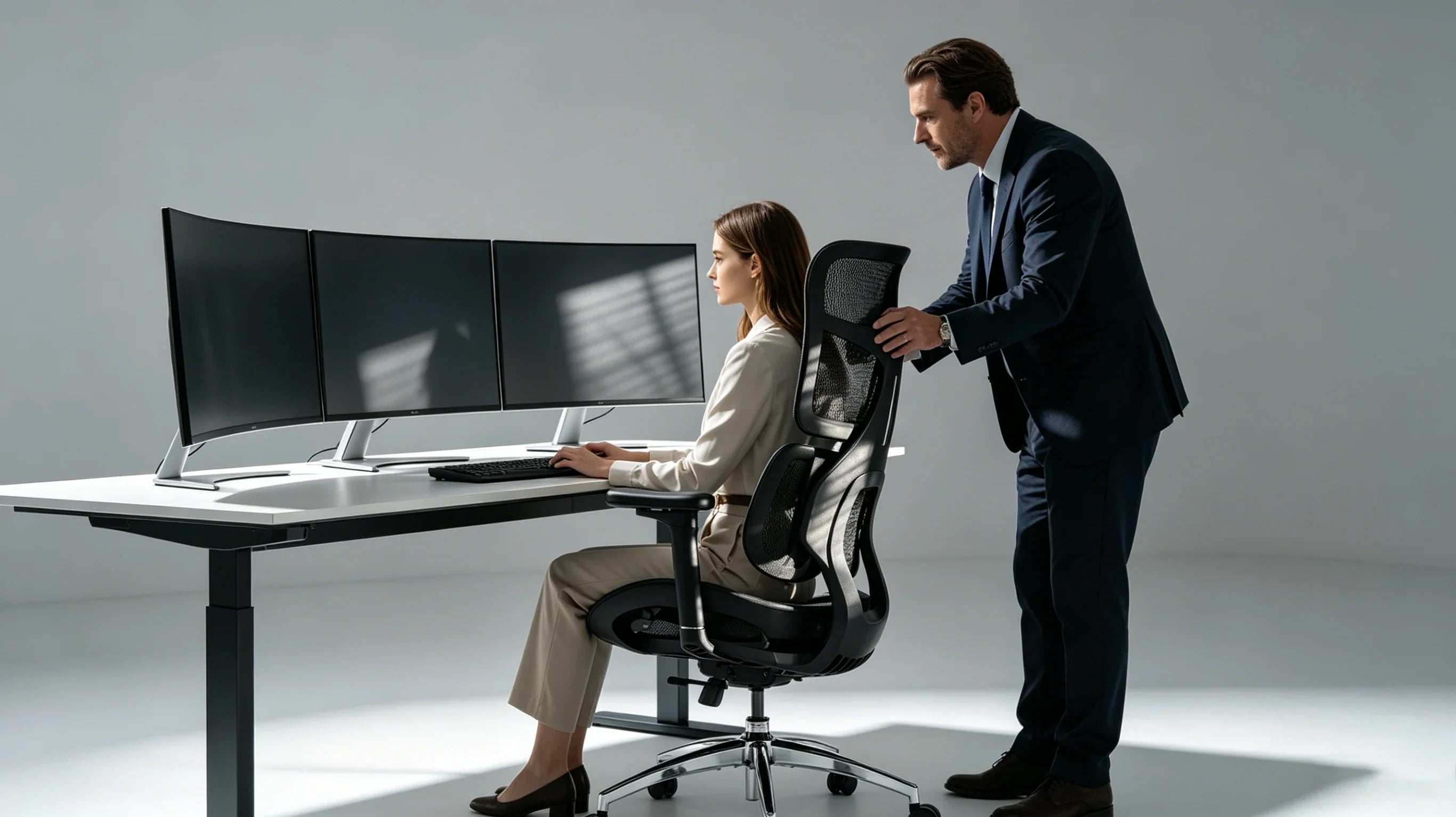 Full body view of Elias Thorne standing in a high-tech trading floor next to the best gaming chair.
