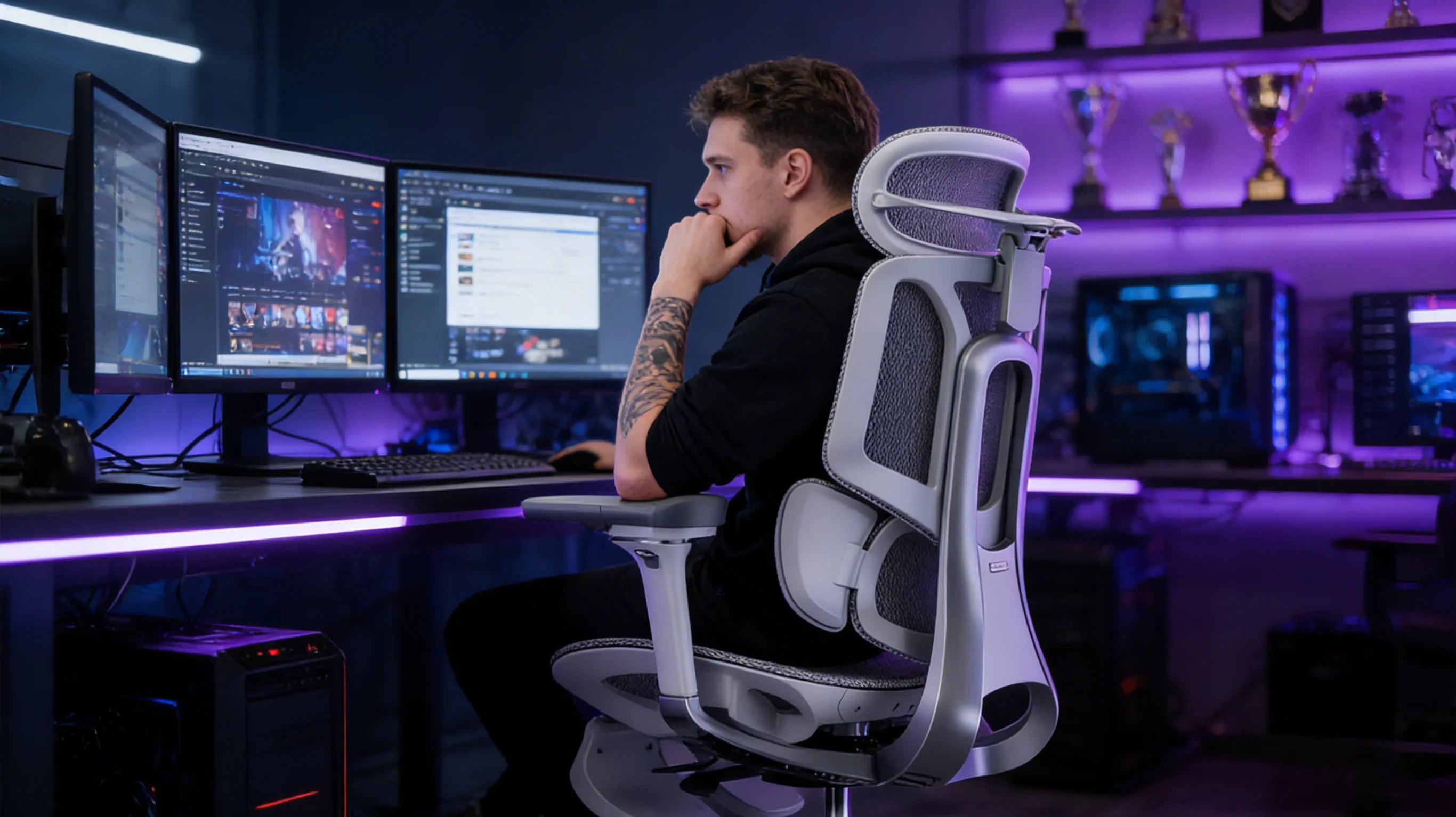 A European pro-player focusing in the [**ergo gaming chair**].