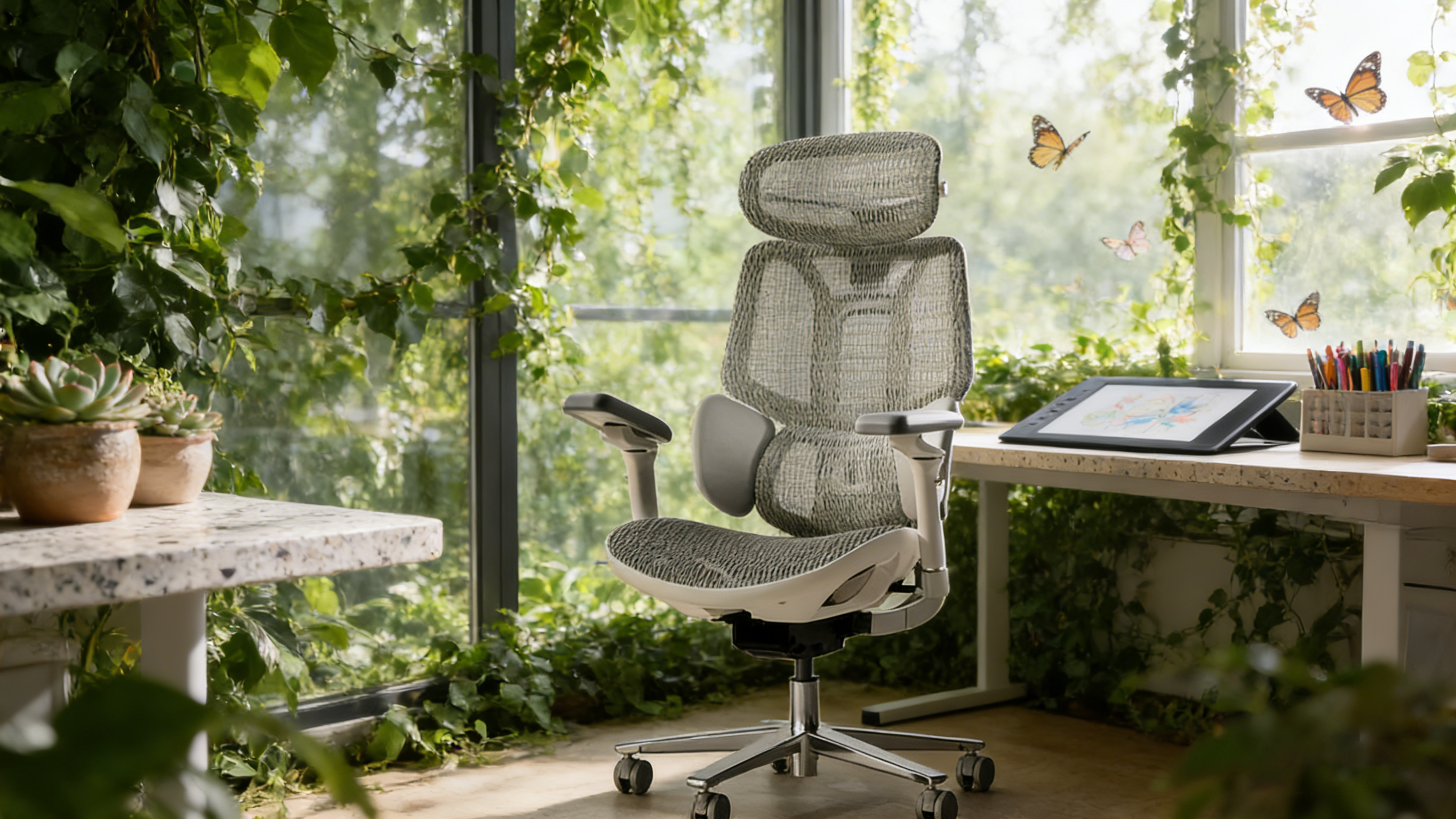 Full-support ergonomic chair showing the 135-degree recline and locking function.