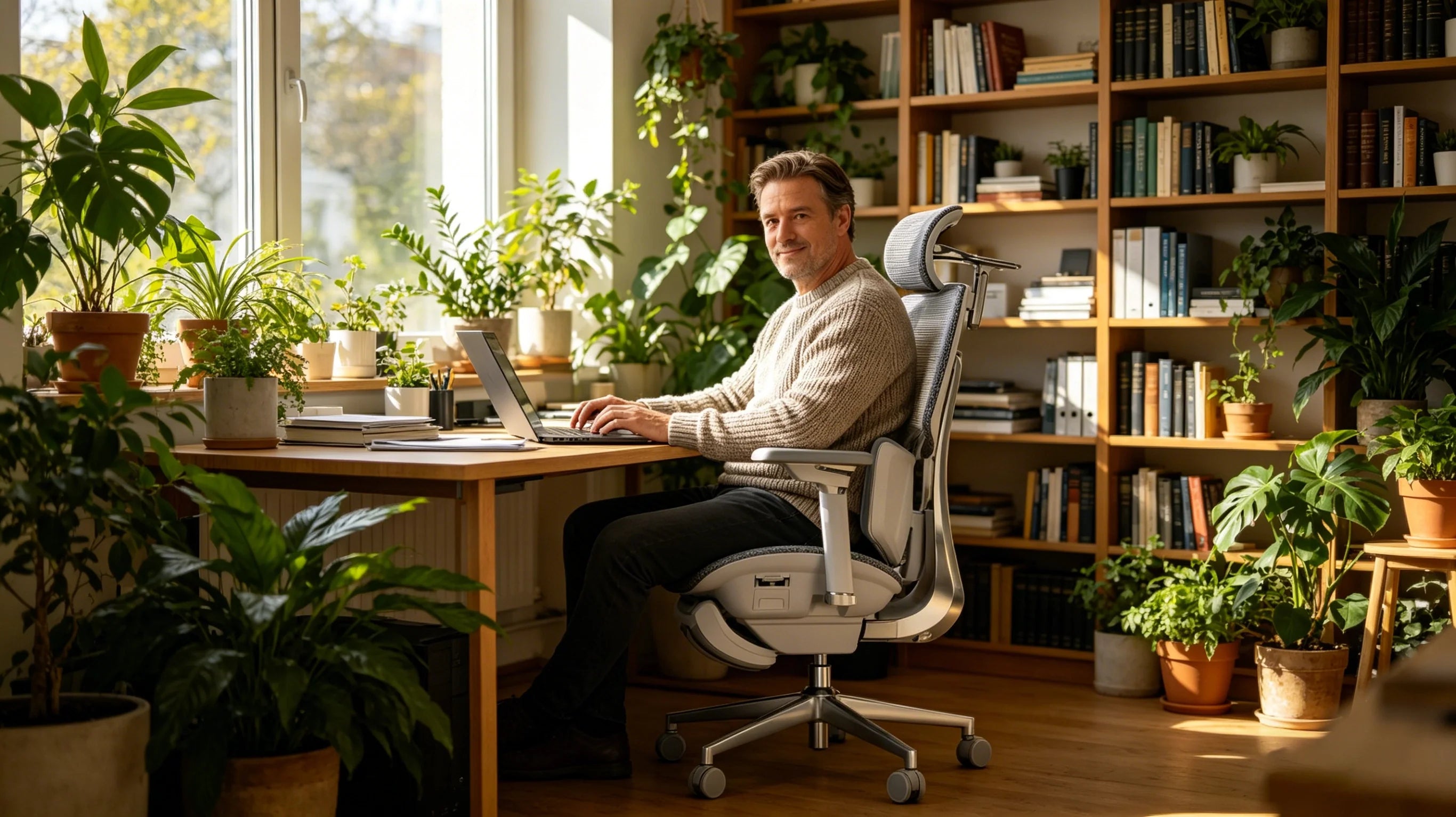Hochwertige Aluminium-Basis und ergonomisches Design beim Bürostuhl für Rückenschmerzen.