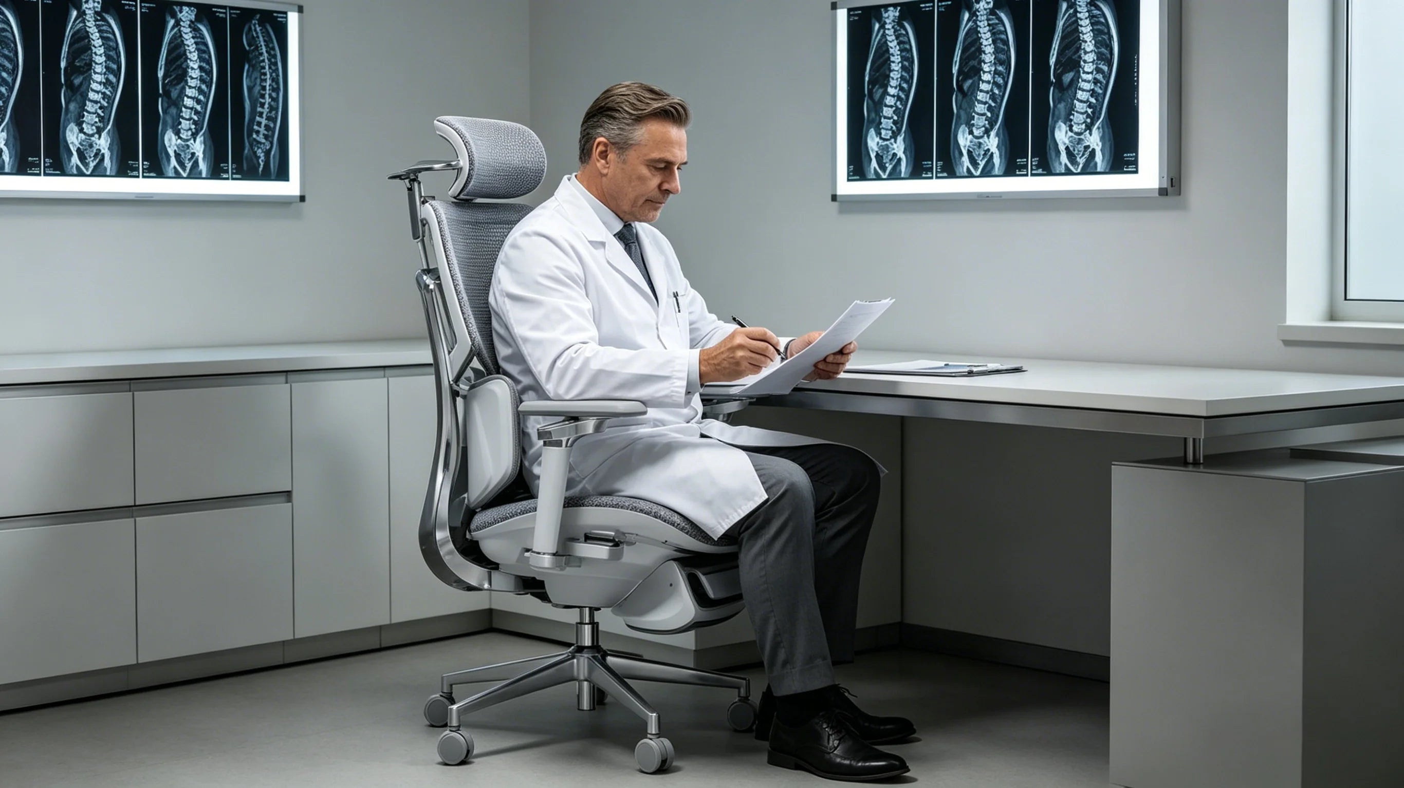 Hochwertige Aluminium-Verarbeitung und medizinisches Design beim orthopädischer Bürostuhl.