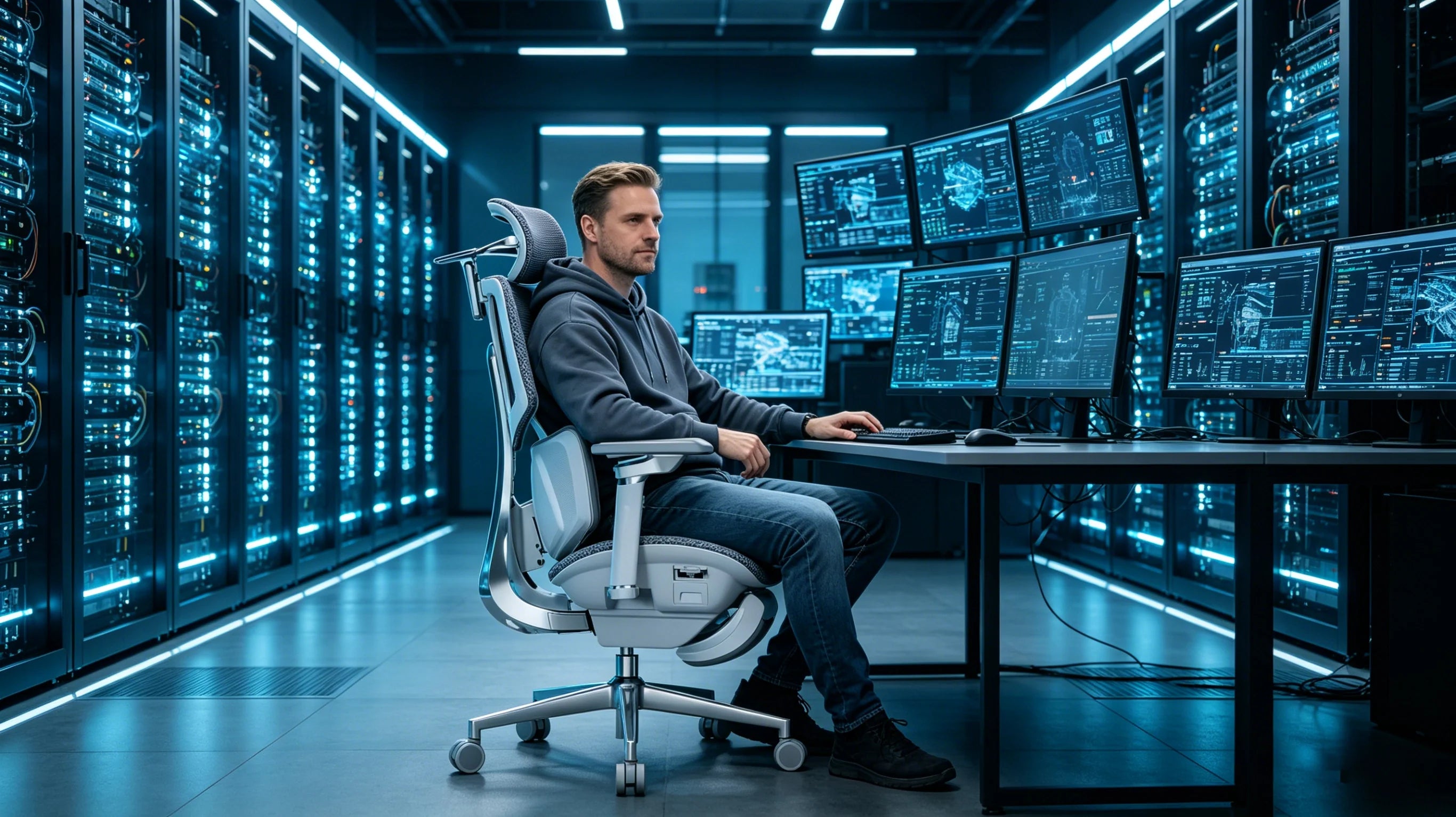 Das optimale IT-Setup: Der AI 720 als ergonomischer Bürostuhl für Systemadministratoren.