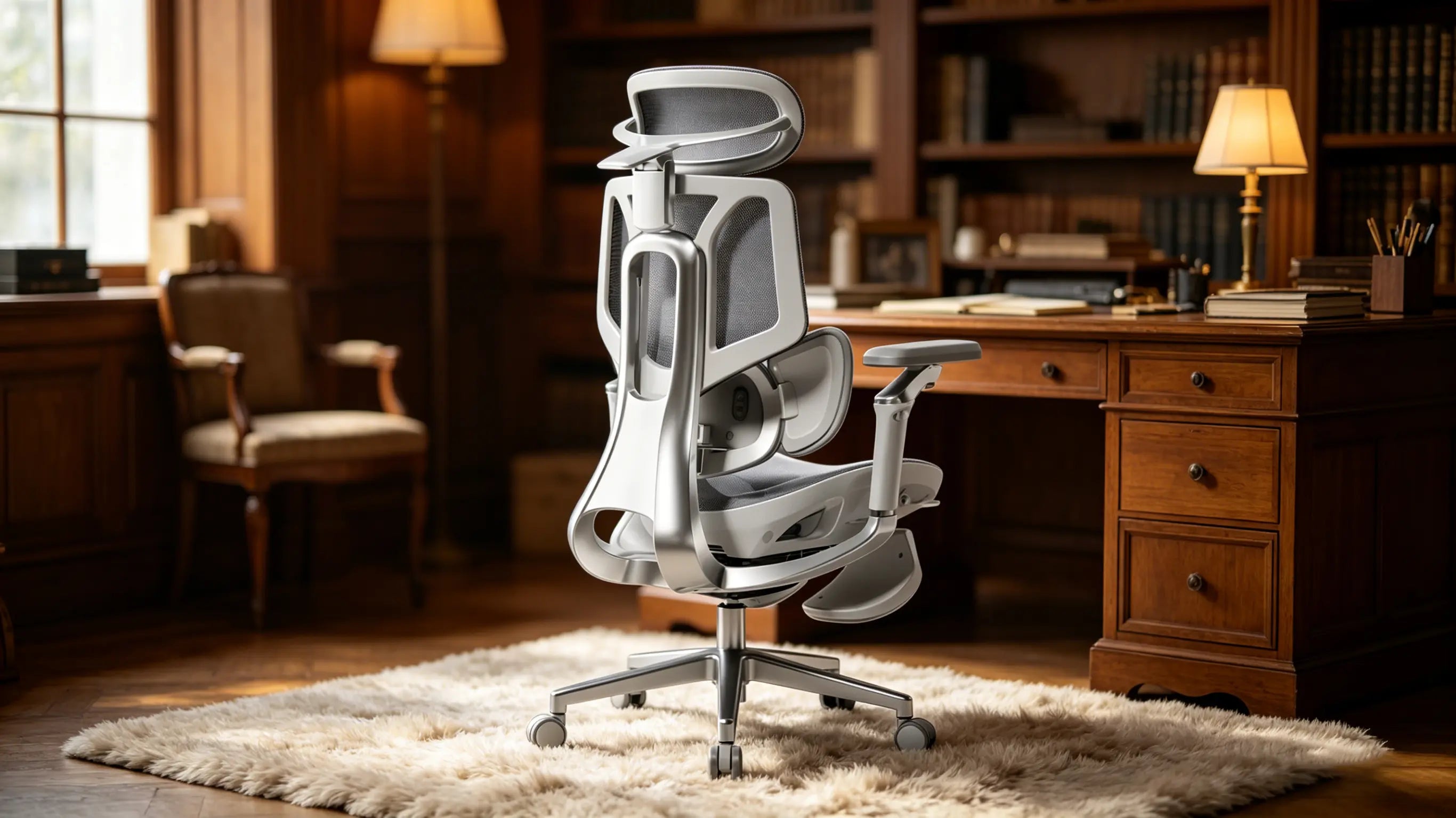 Ein hochwertiger stuhl für gaming von Ergo Select in einem sonnigen, gemütlichen Home-Office mit Holzdekor.
