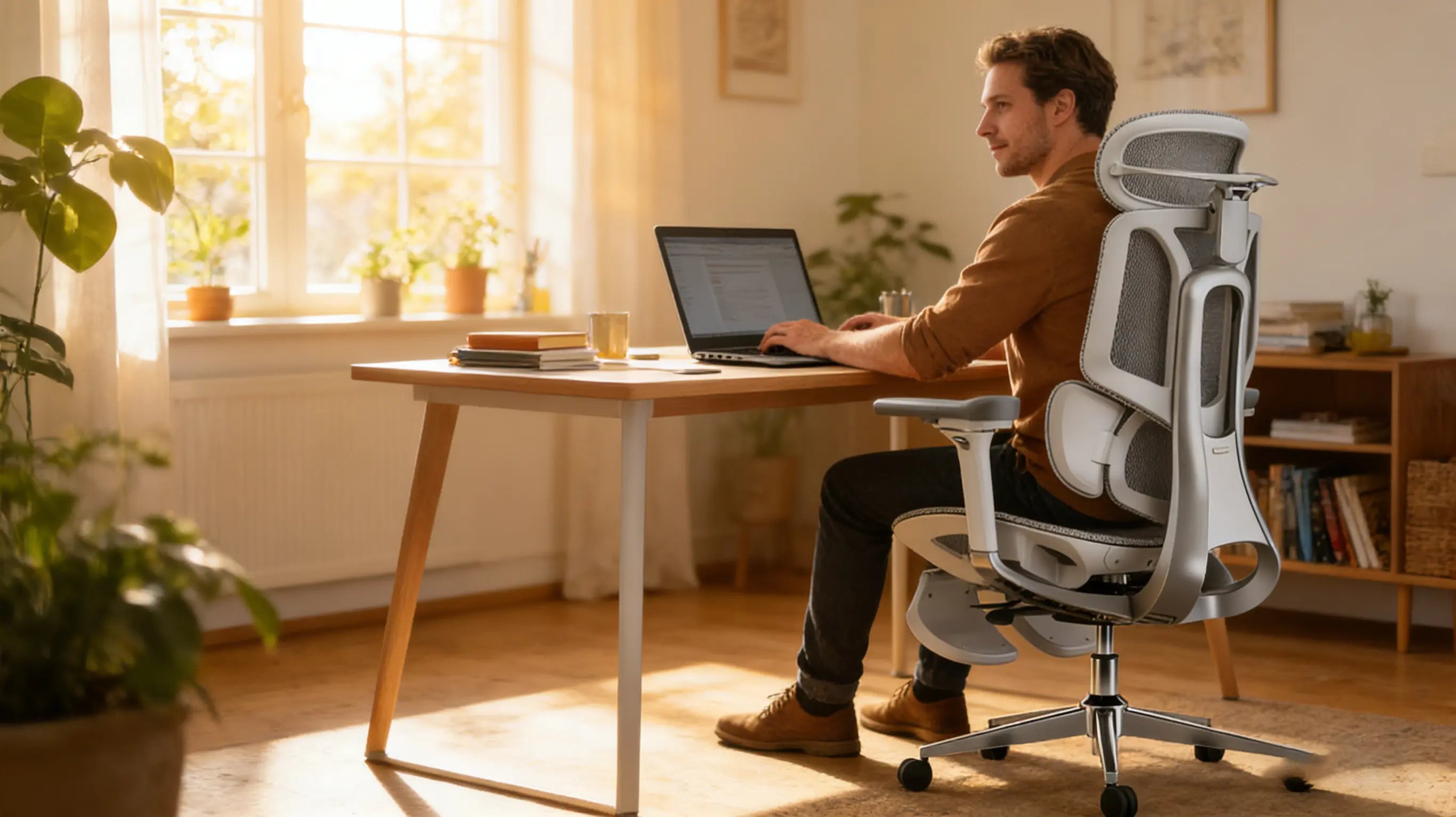 Ein minimalistischer Ergo Select schreibtischstuhl in einem hellen, modern eingerichteten Arbeitszimmer.