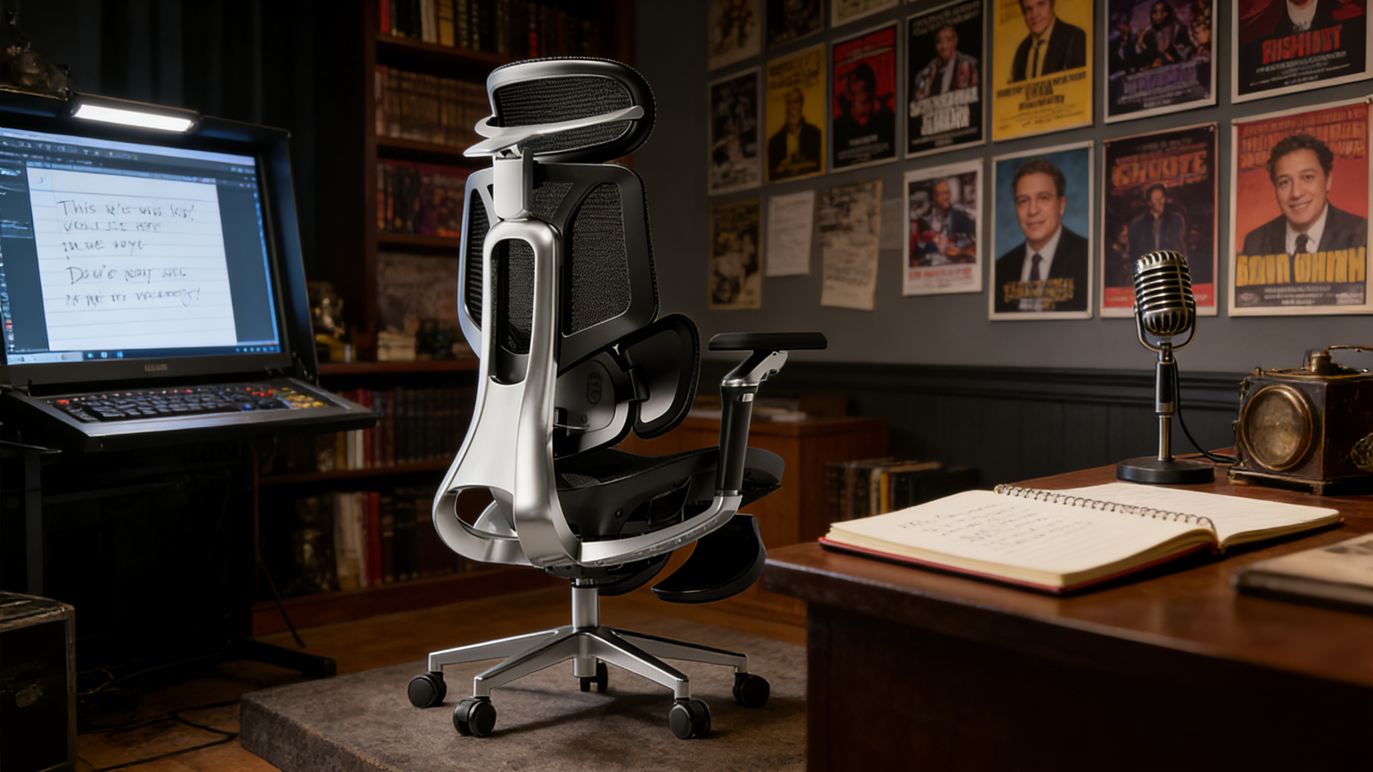 Close-up of a chair office ergonomic headrest with height and angle adjustments.