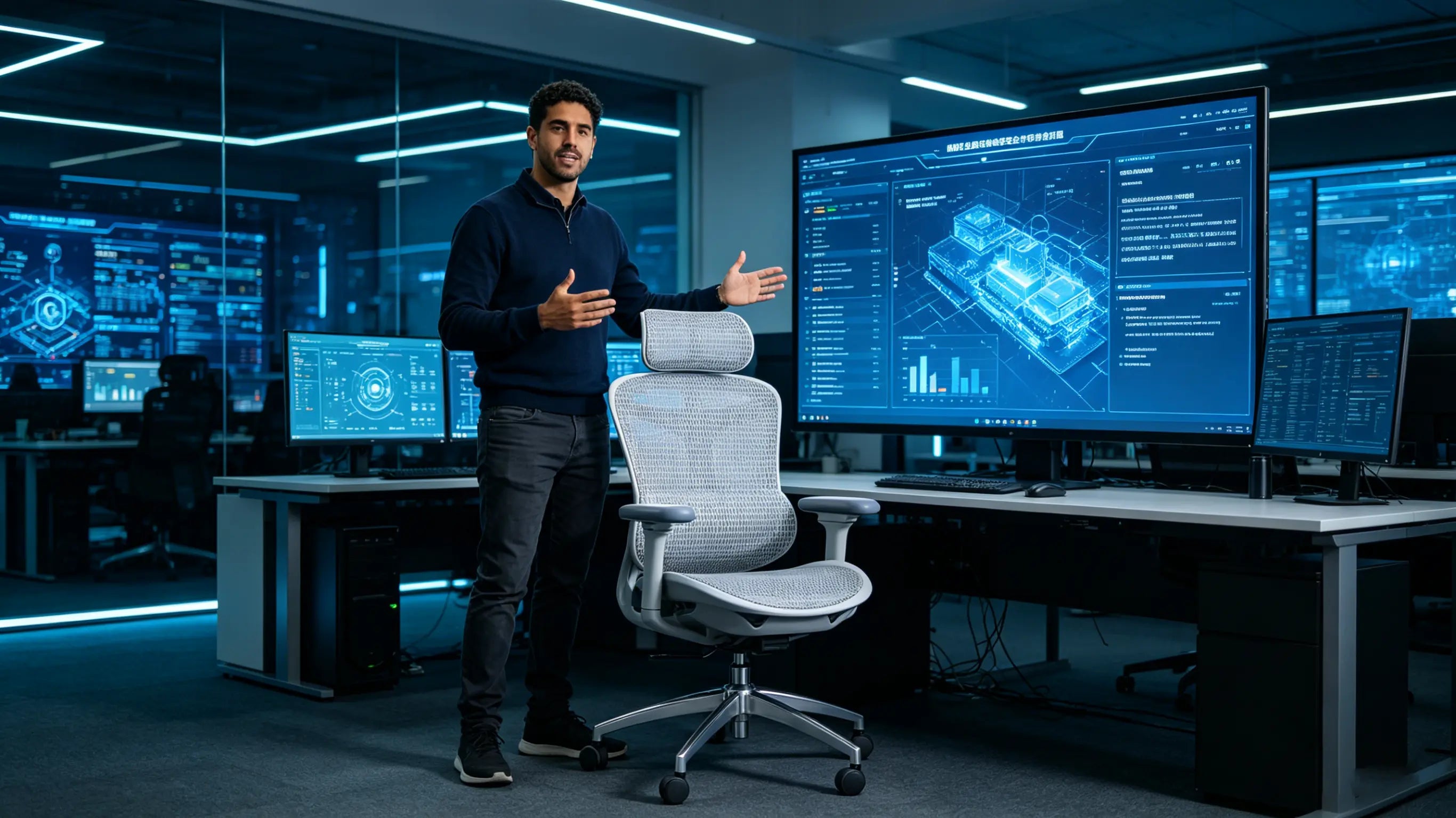 Lucas auditing smart contract security while sitting on his High Back Ergonomic Mesh Task Chair in a Madrid tech studio.