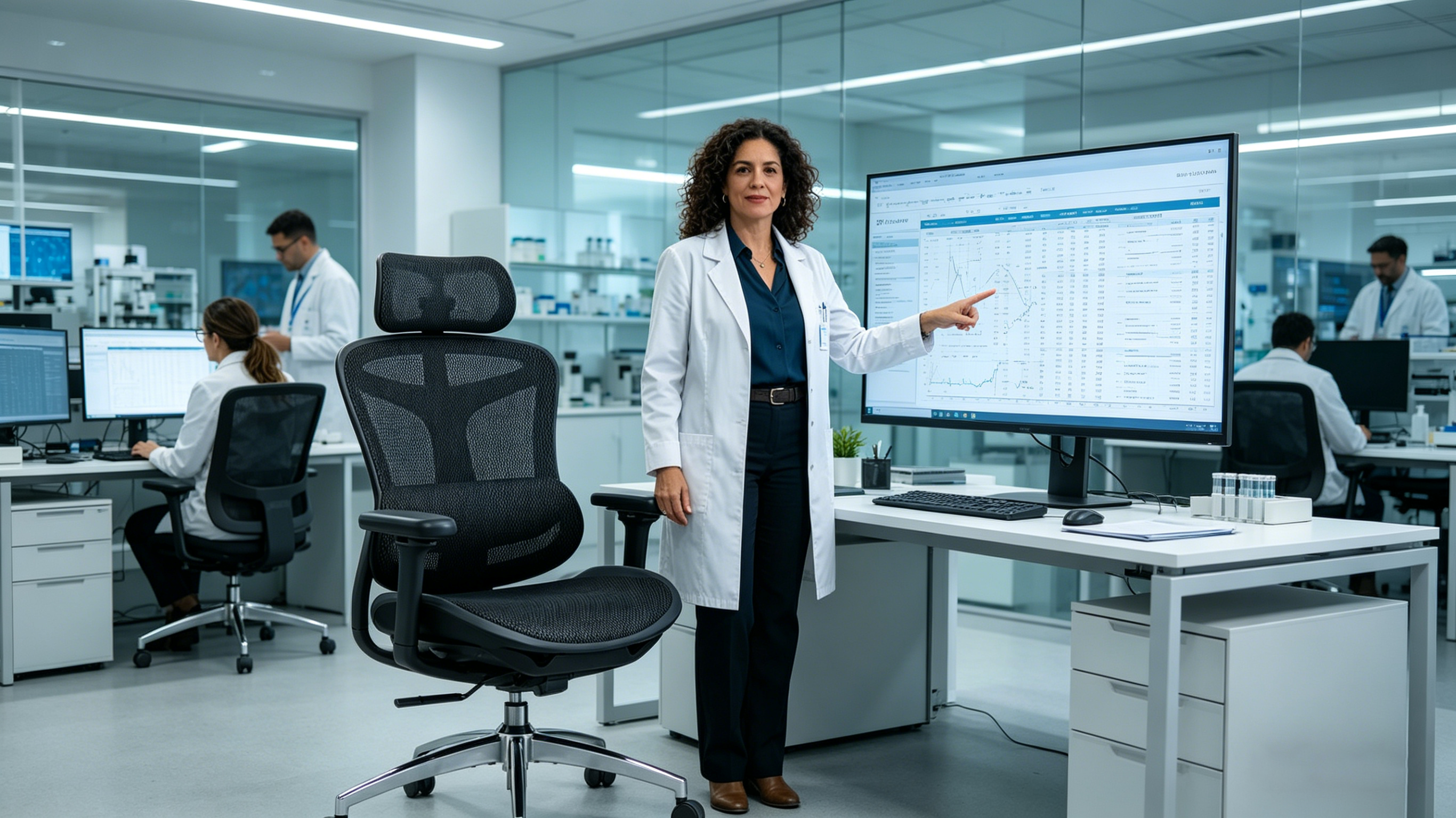 Silvia analyzing clinical trial datasets while sitting on the best ergonomic chairs from Ergo Select in Valencia.
